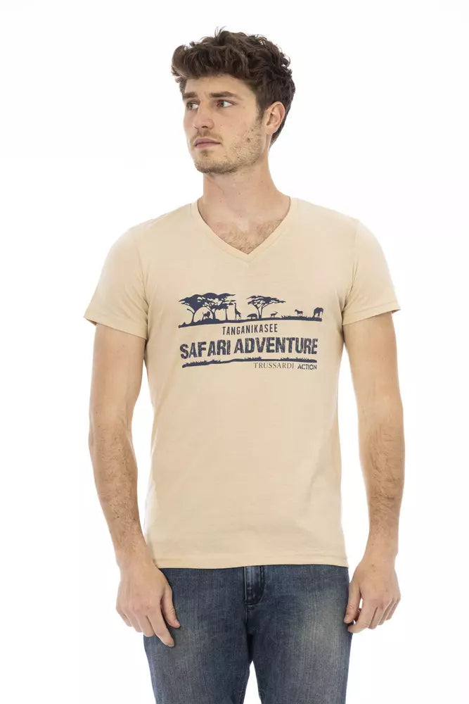 Μπλουζάκι Trussardi Action Beige V-Neck με κομψό μπροστινό τύπωμα