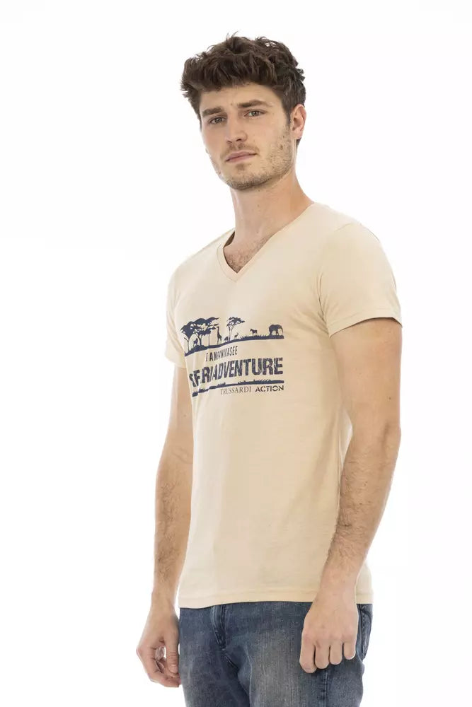 Μπλουζάκι Trussardi Action Beige V-Neck με κομψό μπροστινό τύπωμα