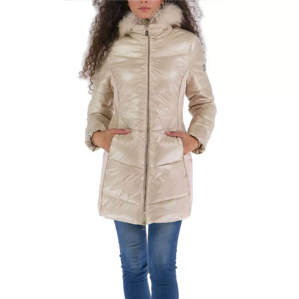 Yes Zee Elegant Beige Jacket με γούνινη κουκούλα