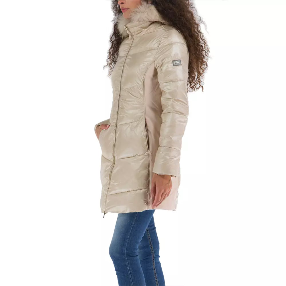 Yes Zee Elegant Beige Jacket με γούνινη κουκούλα