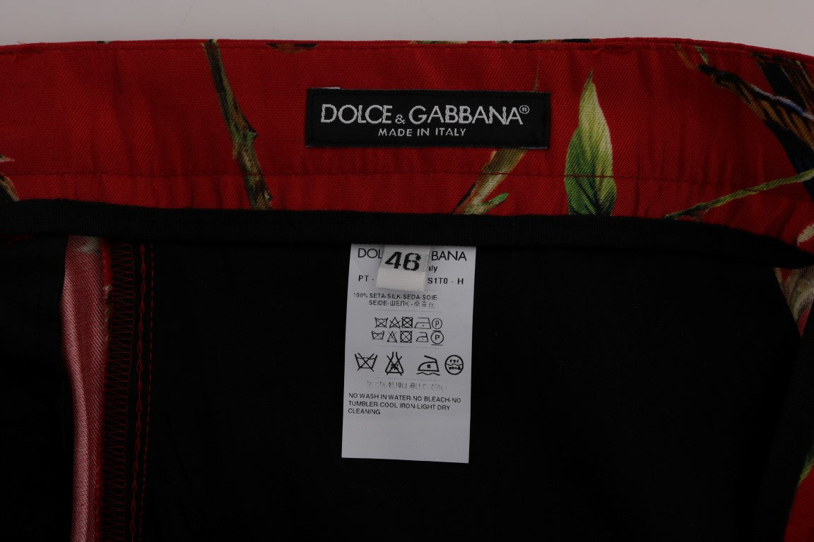 Κομψό μεταξωτό παντελόνι φόρεμα Dolce &amp; Gabbana σε Red Bird print