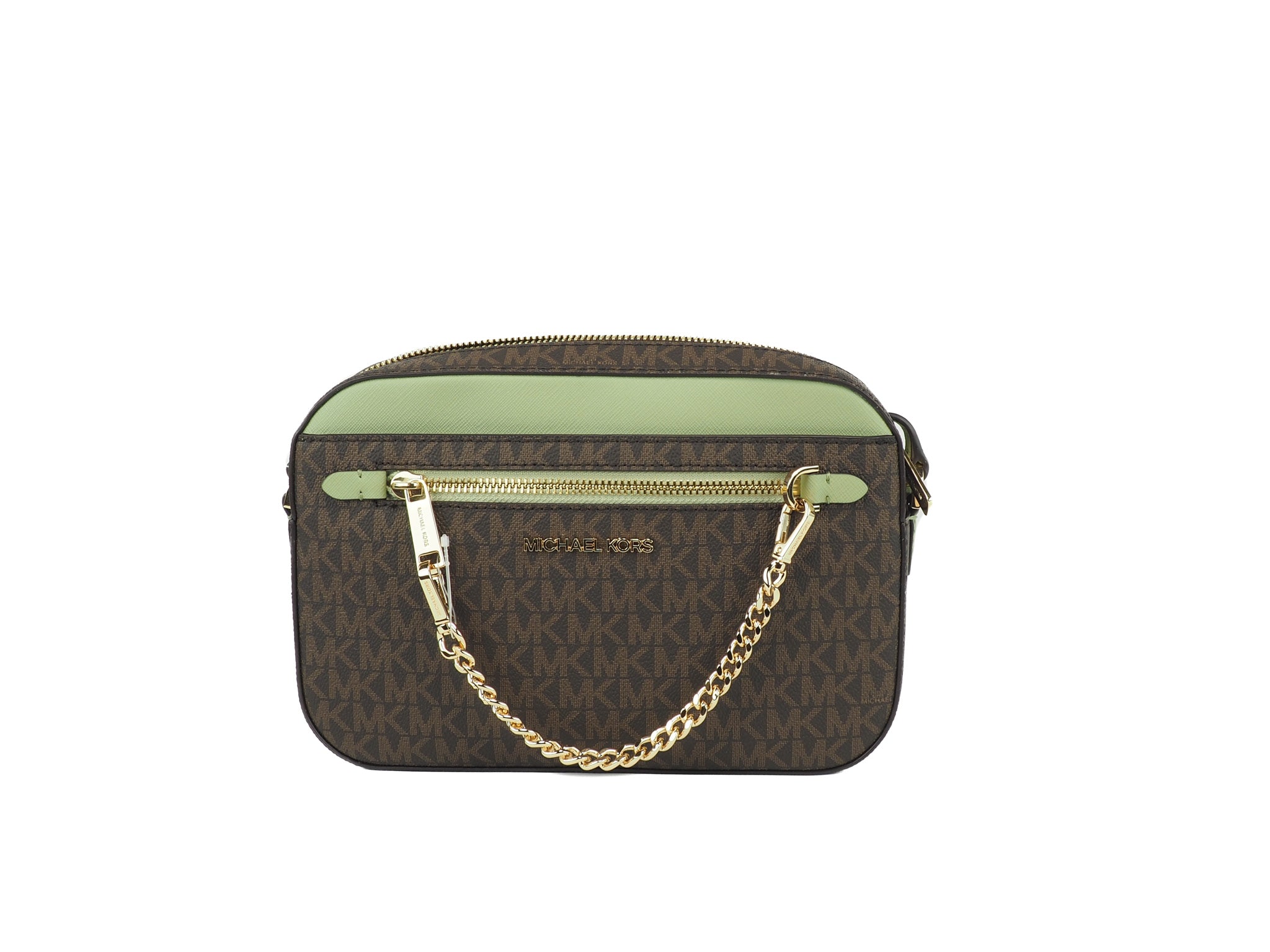 Michael Kors Jet Set Large EW Brown Sage PVC με δερμάτινη αλυσίδα χιαστί τσάντα με φερμουάρ