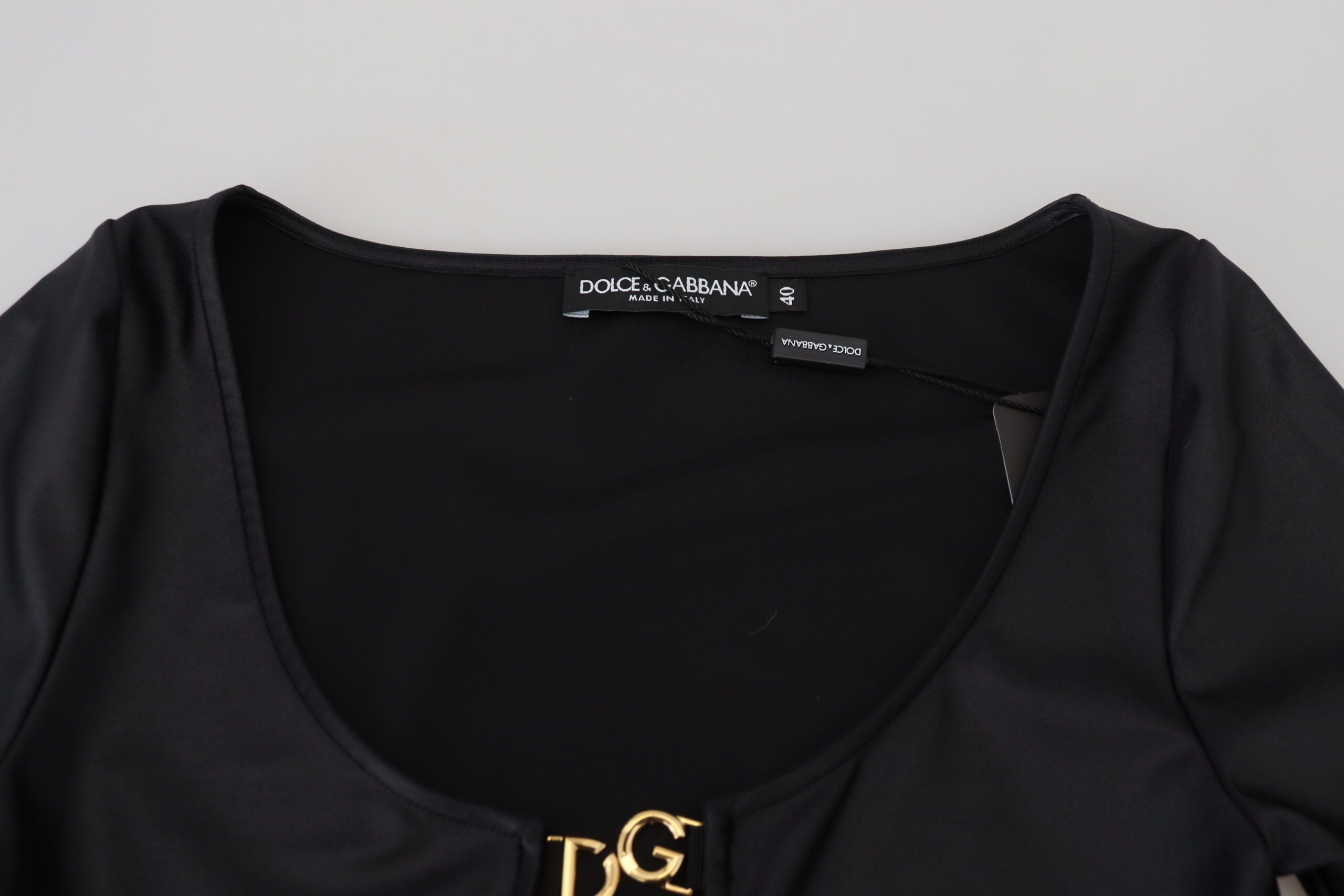 Dolce & Gabbana Elegant Black 3/4 Sleeve Top with Gold Detailing