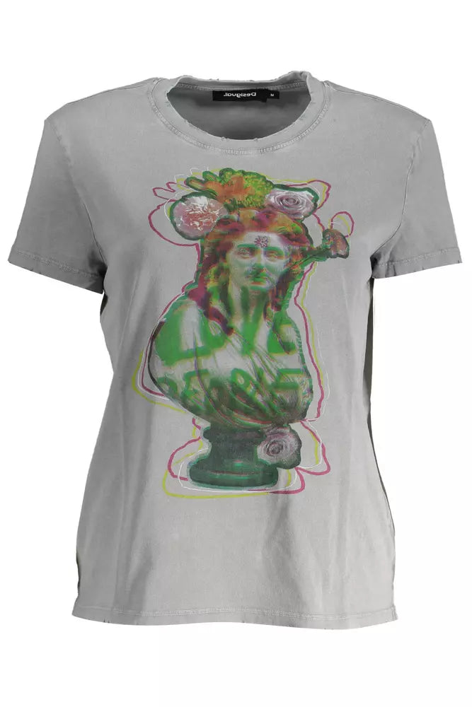 Desigual Chic Gray Printed Cotton Tee with Logo