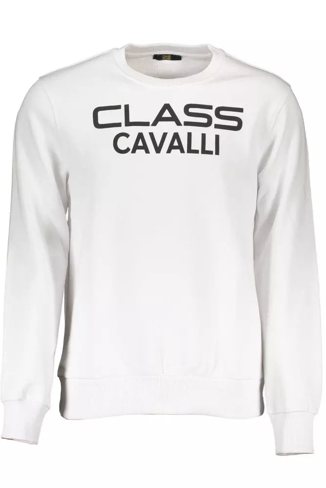 Cavalli Class Chic λευκό βαμβακερό πουλόβερ με στρογγυλή λαιμόκοψη