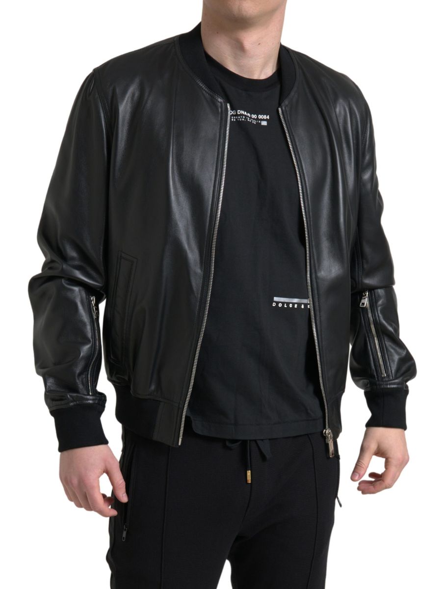 Κομψό μαύρο δερμάτινο Bomber Jacket Dolce &amp; Gabbana