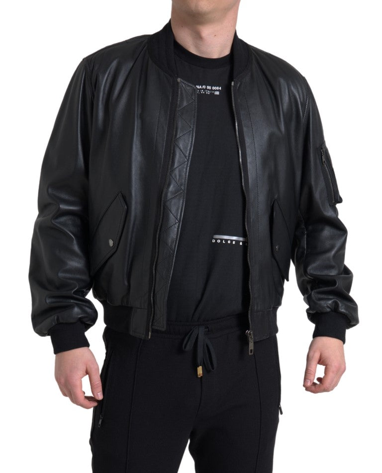 Κομψό μαύρο δερμάτινο Bomber Jacket Dolce &amp; Gabbana