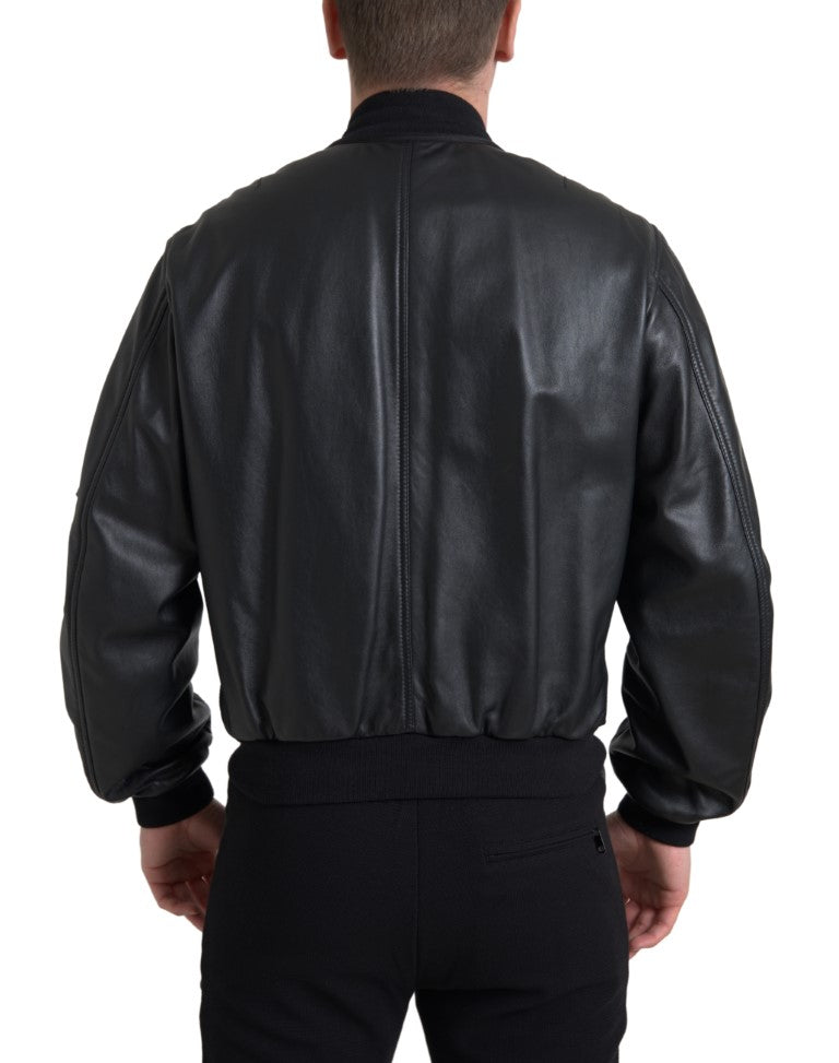 Κομψό μαύρο δερμάτινο Bomber Jacket Dolce &amp; Gabbana