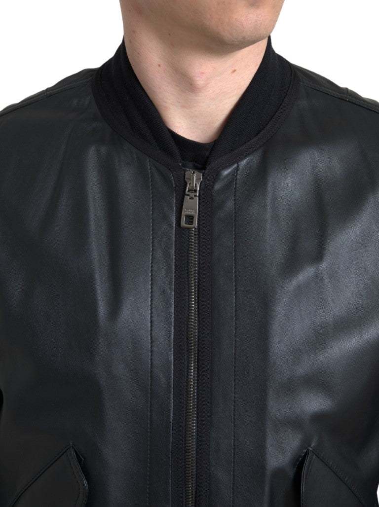 Κομψό μαύρο δερμάτινο Bomber Jacket Dolce &amp; Gabbana