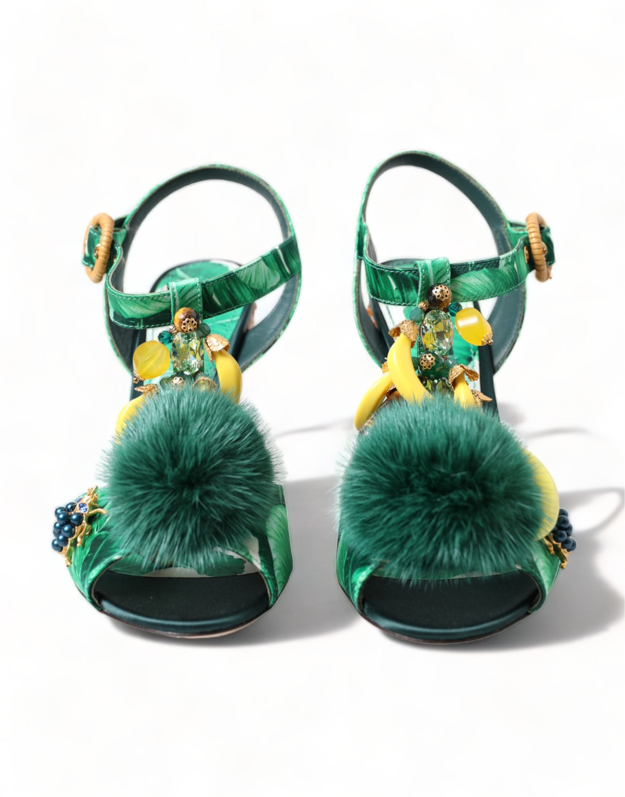 Dolce &amp; Gabbana Green Crystal Mink Fur T-Strap σανδάλια