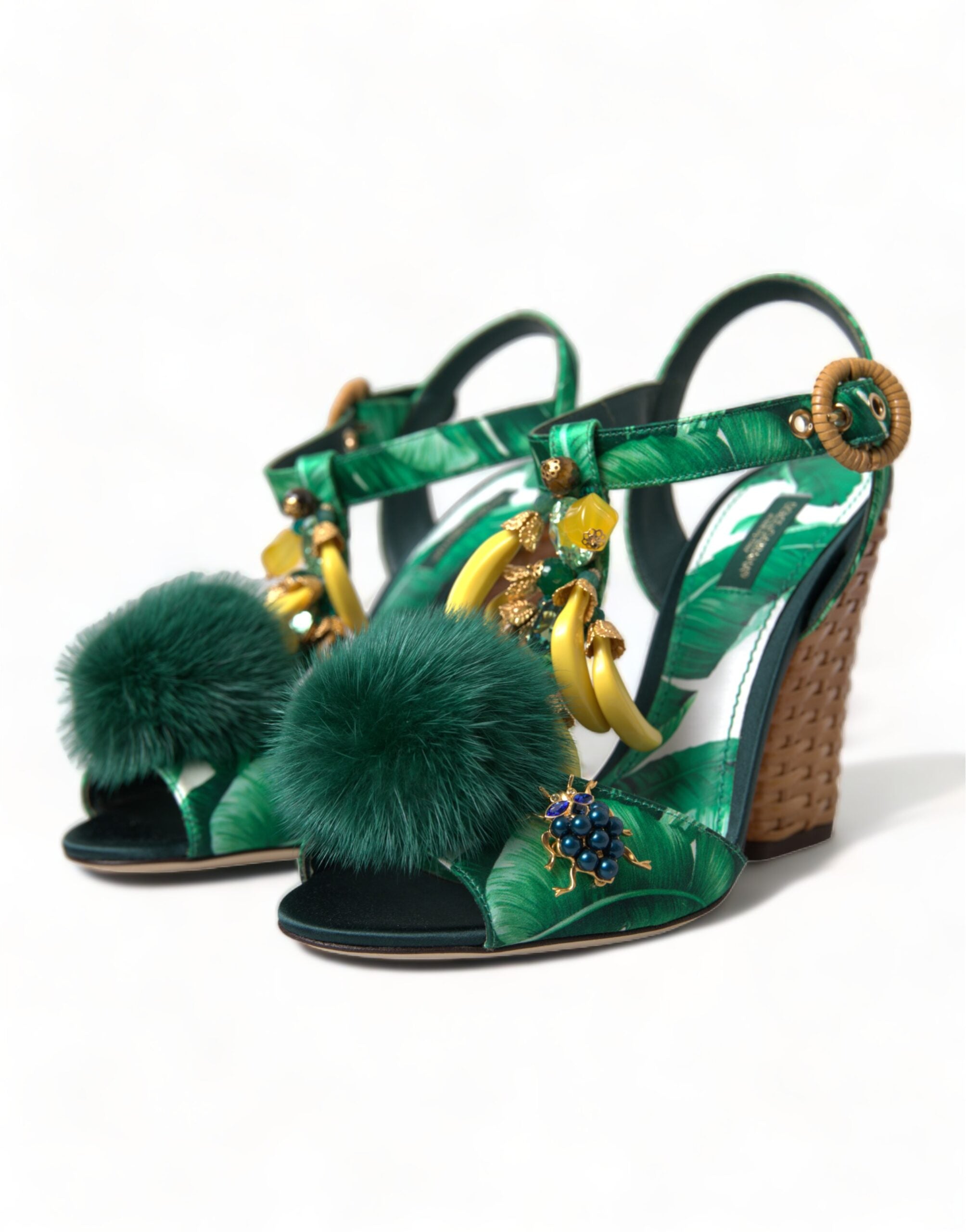 Dolce &amp; Gabbana Green Crystal Mink Fur T-Strap σανδάλια