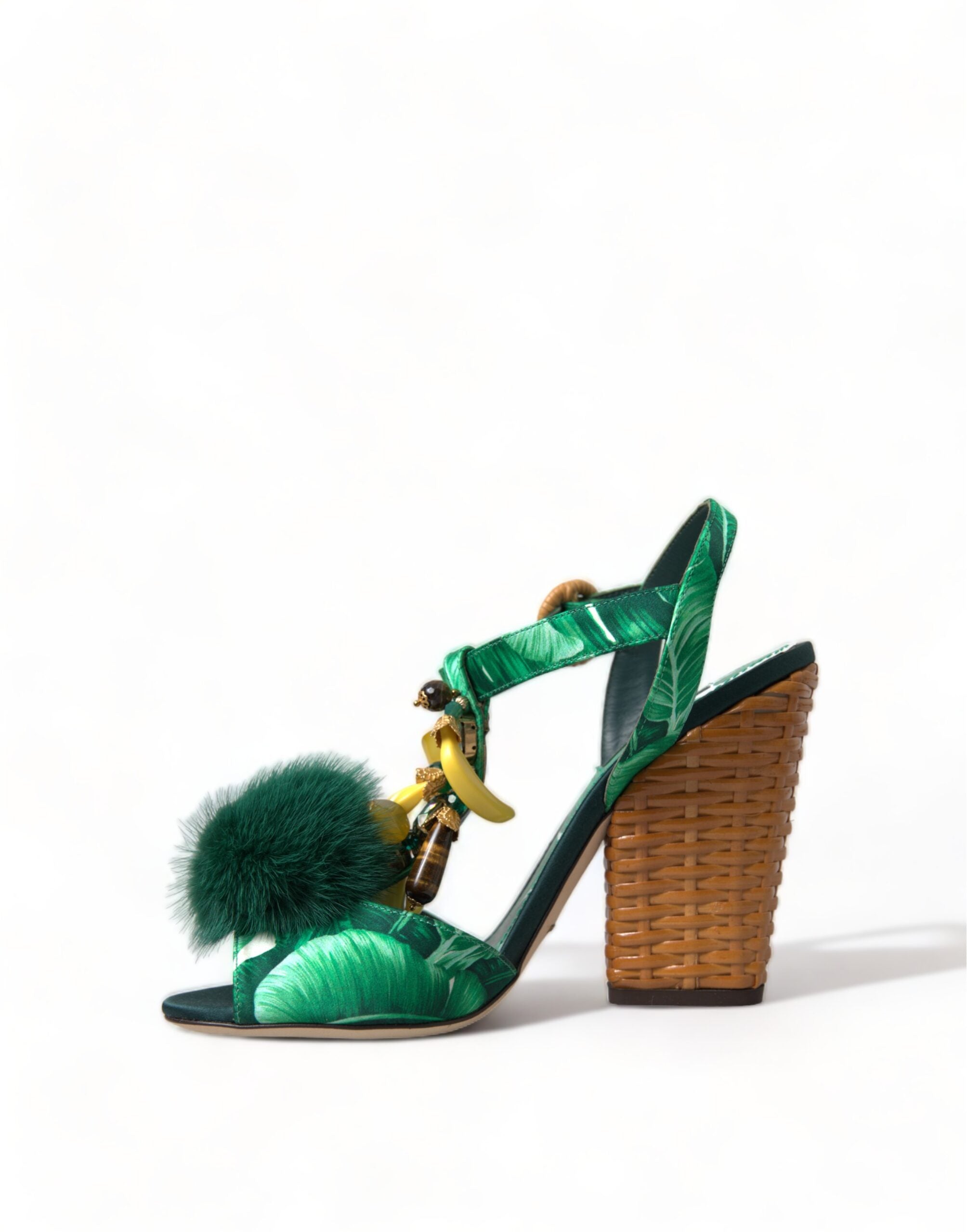 Dolce &amp; Gabbana Green Crystal Mink Fur T-Strap σανδάλια