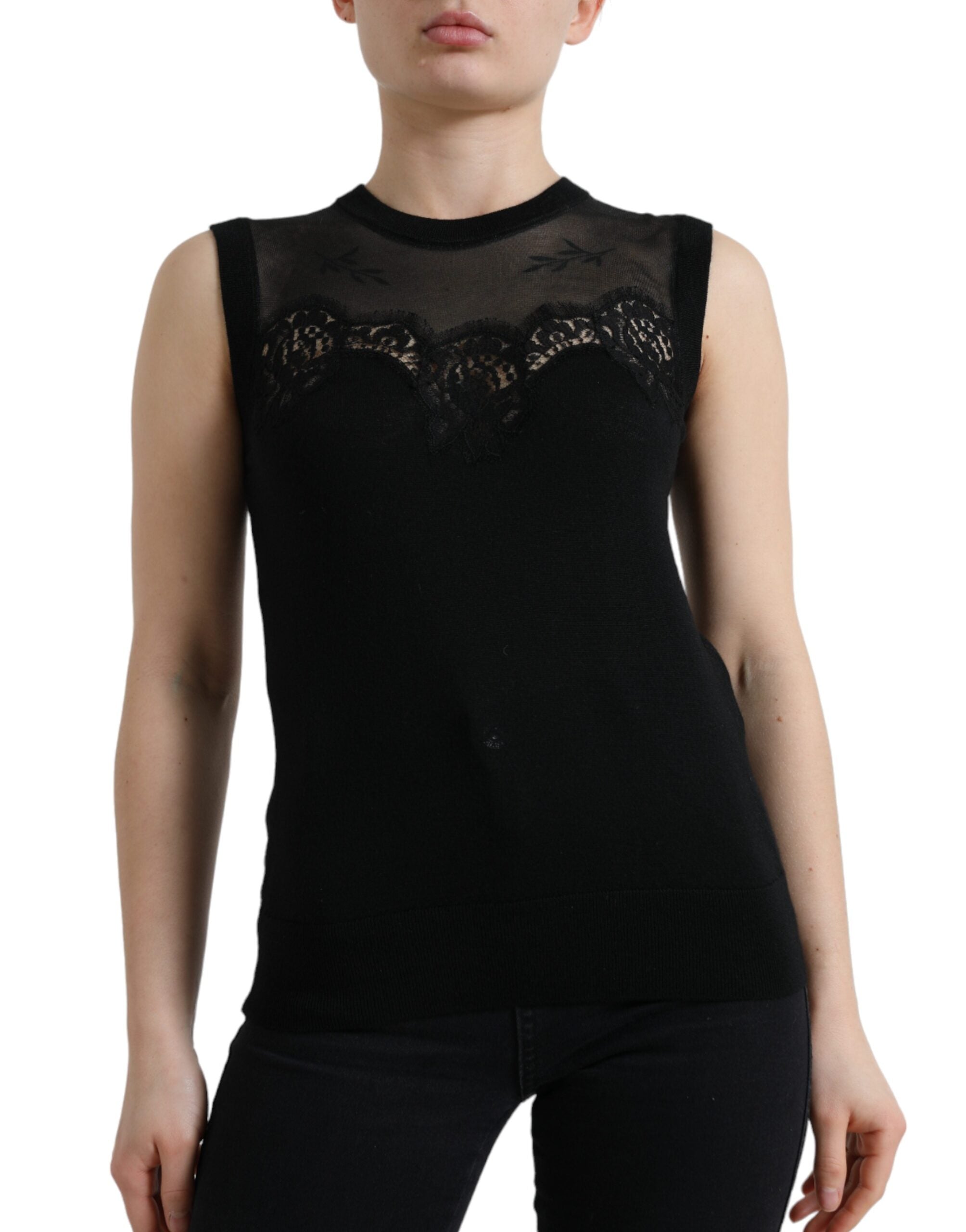 Dolce &amp; Gabbana Elegant Lace Trim Αμάνικο μπλουζάκι