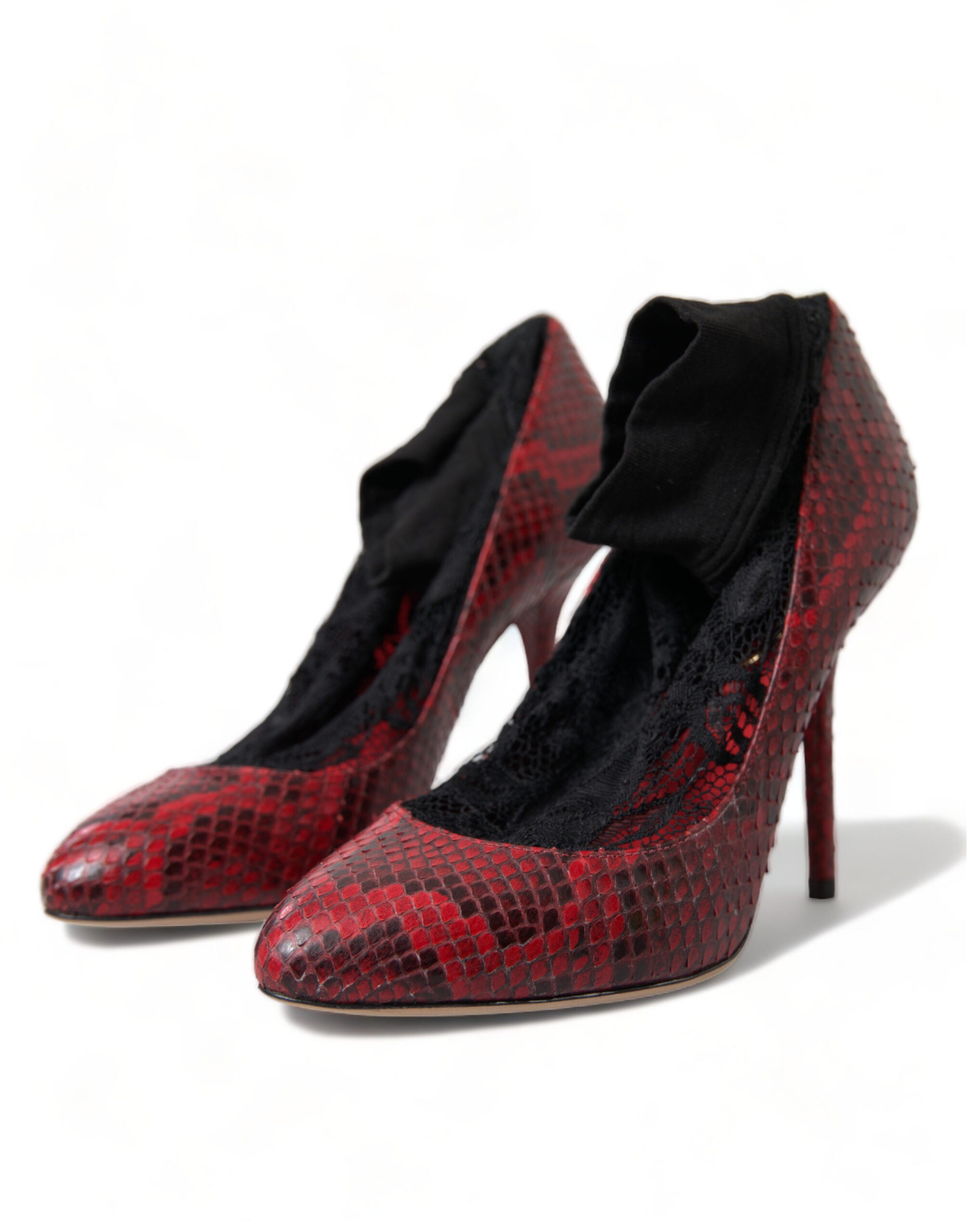 Dolce &amp; Gabbana Red Almond Toe Pumps Snakeskin με κάλτσες δαντέλας