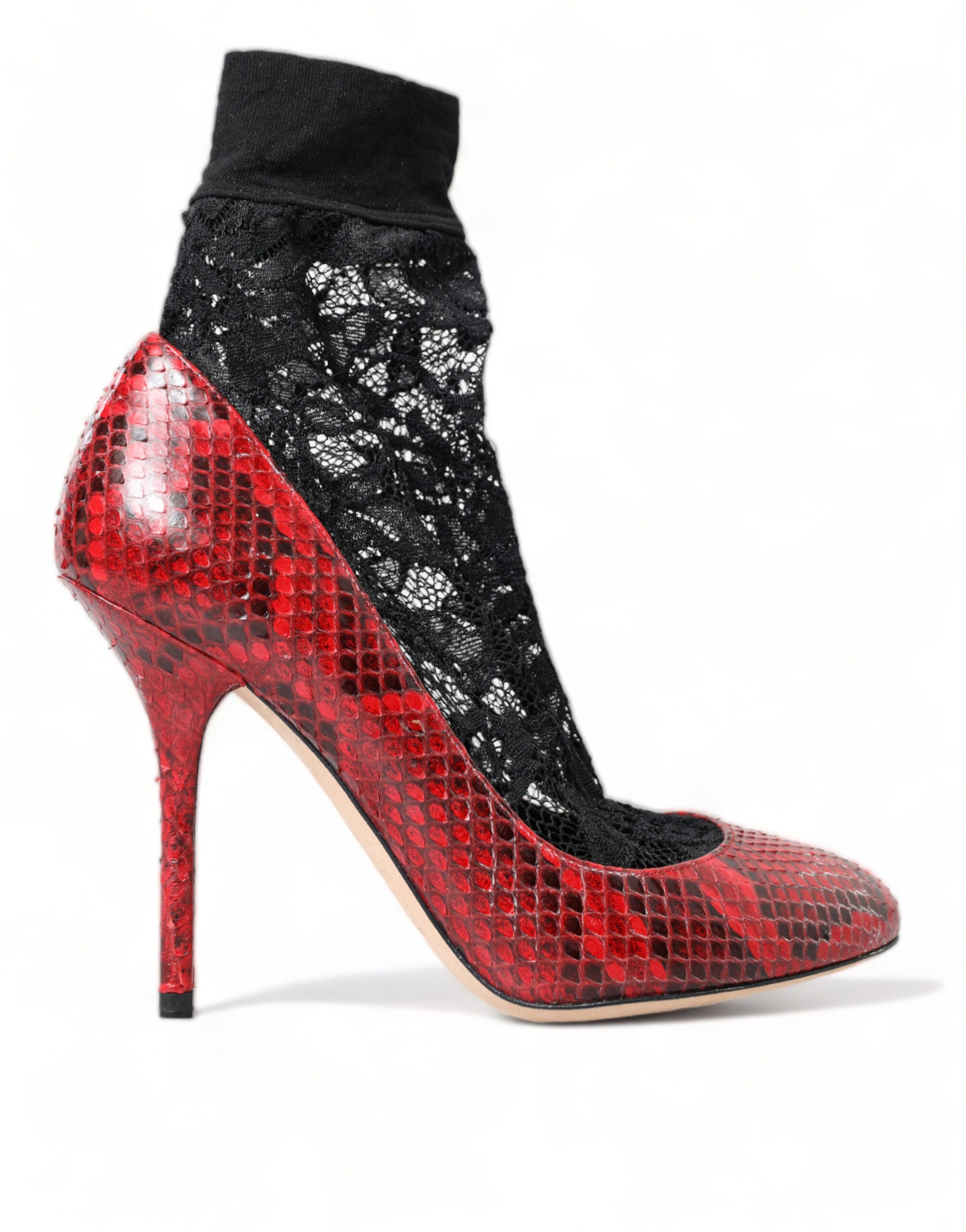 Dolce &amp; Gabbana Red Almond Toe Pumps Snakeskin με κάλτσες δαντέλας