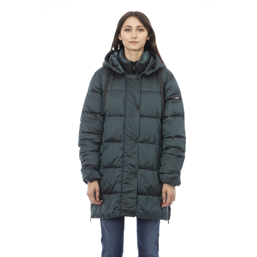 Baldinini Trend Chic Green Long Down Jacket με Μονόγραμμα Λεπτομέρεια