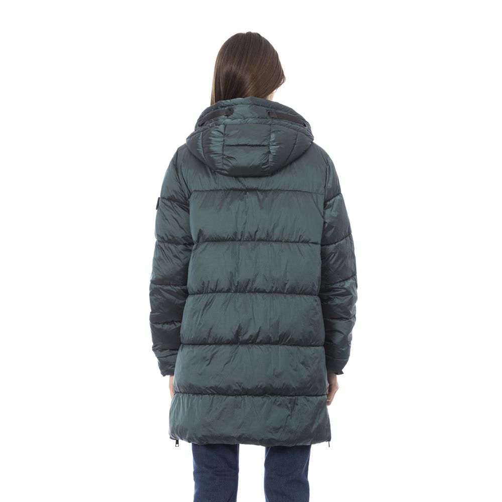 Baldinini Trend Chic Green Long Down Jacket με Μονόγραμμα Λεπτομέρεια