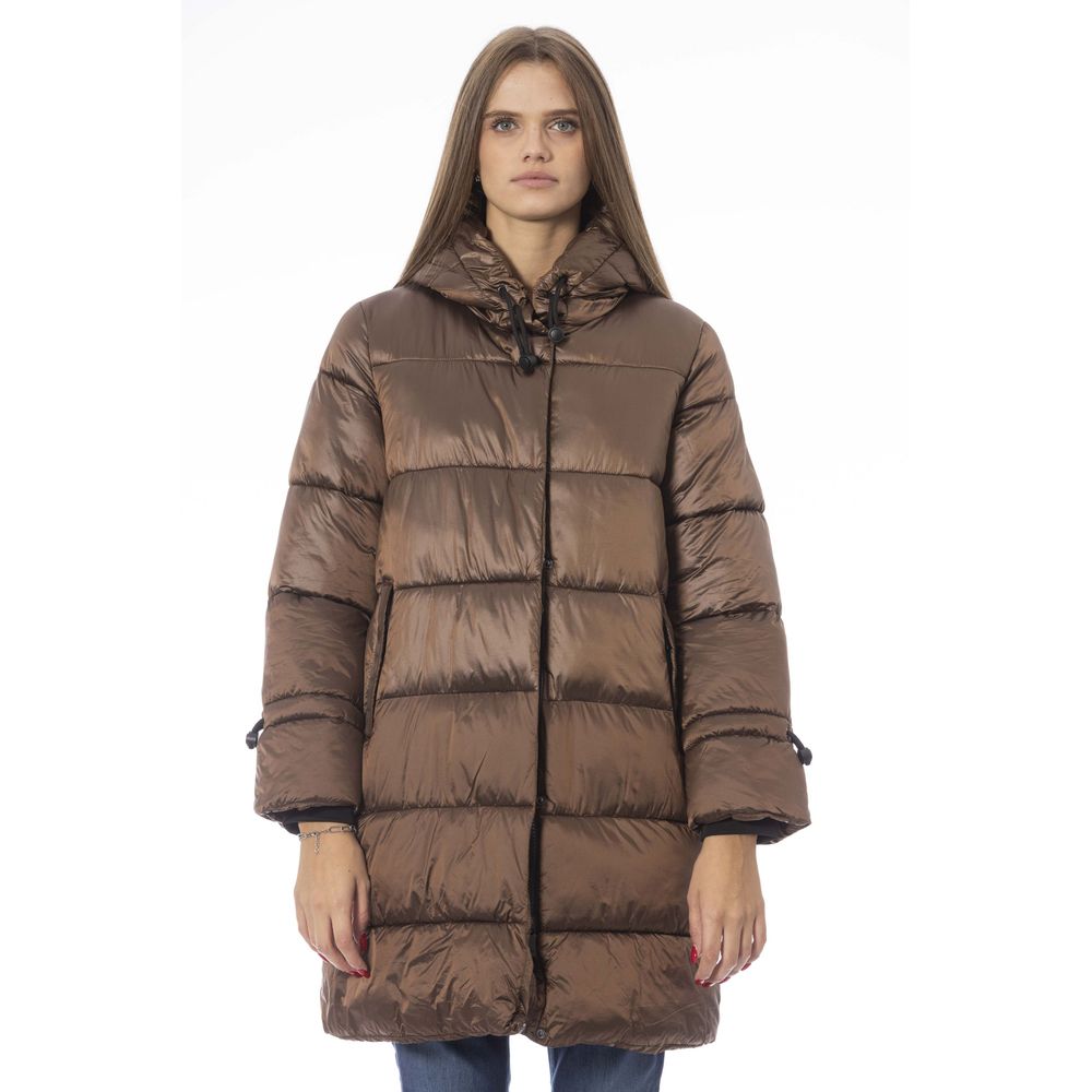 Baldinini Trend Chic Brown Down Jacket με Μονόγραμμα Λεπτομέρεια