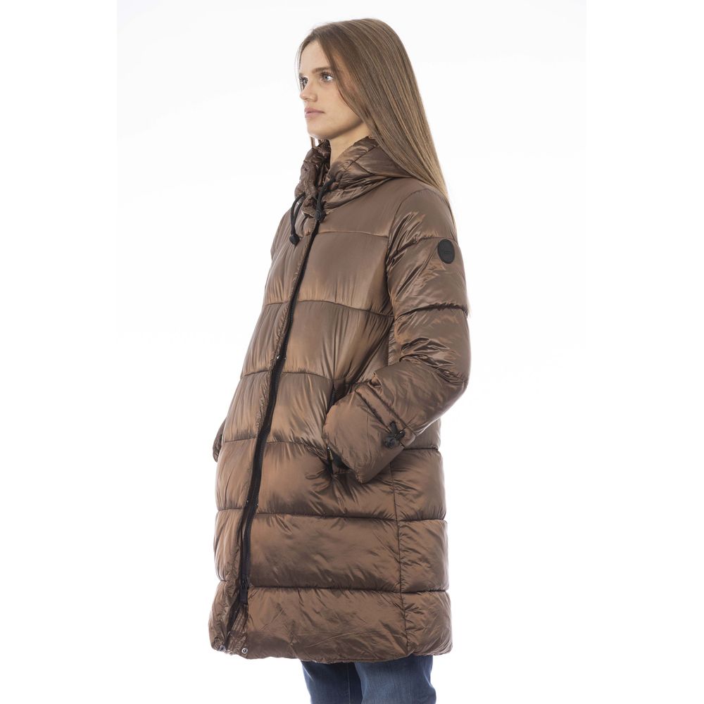 Baldinini Trend Chic Brown Down Jacket με Μονόγραμμα Λεπτομέρεια