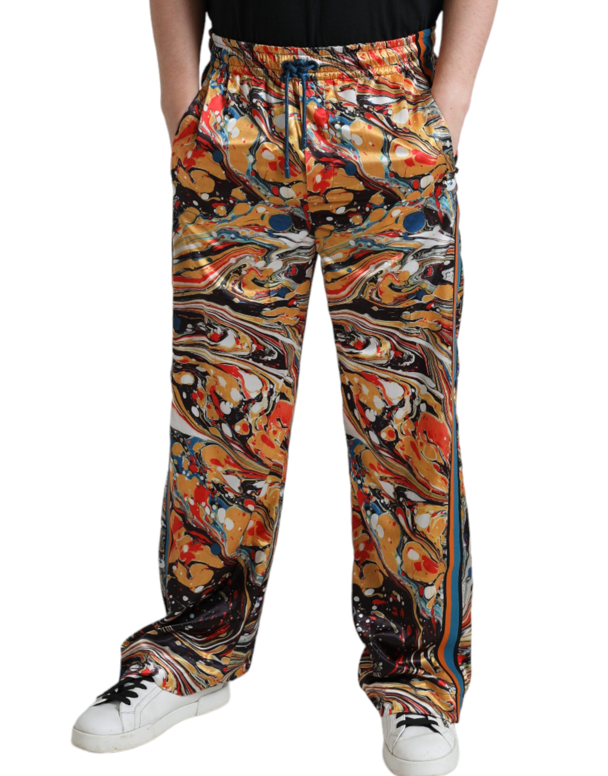 Dolce & Gabbana Elegant Satin Track Pants in Multicolor Marble