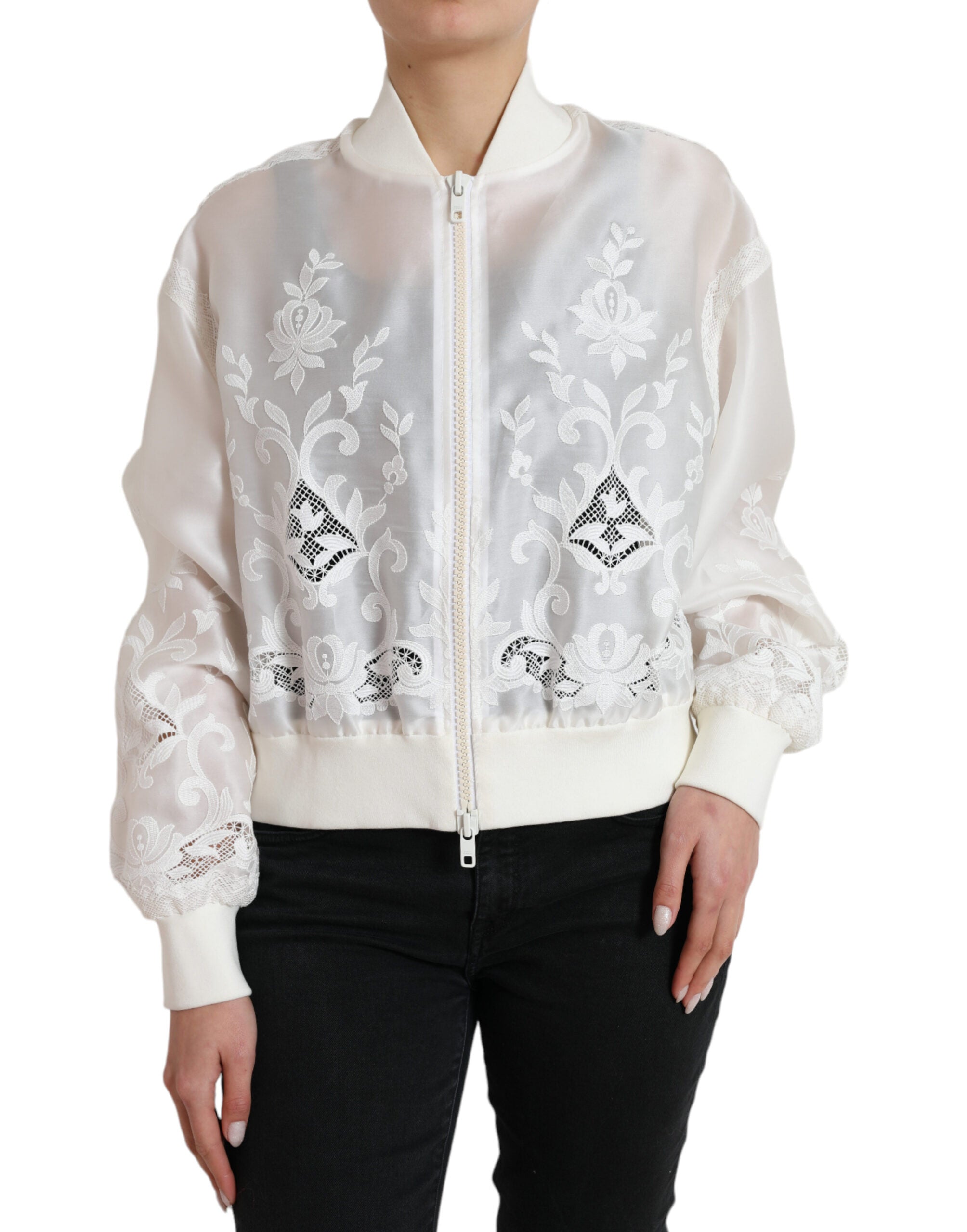 Dolce &amp; Gabbana Elegant White Silk Bomber Jacket