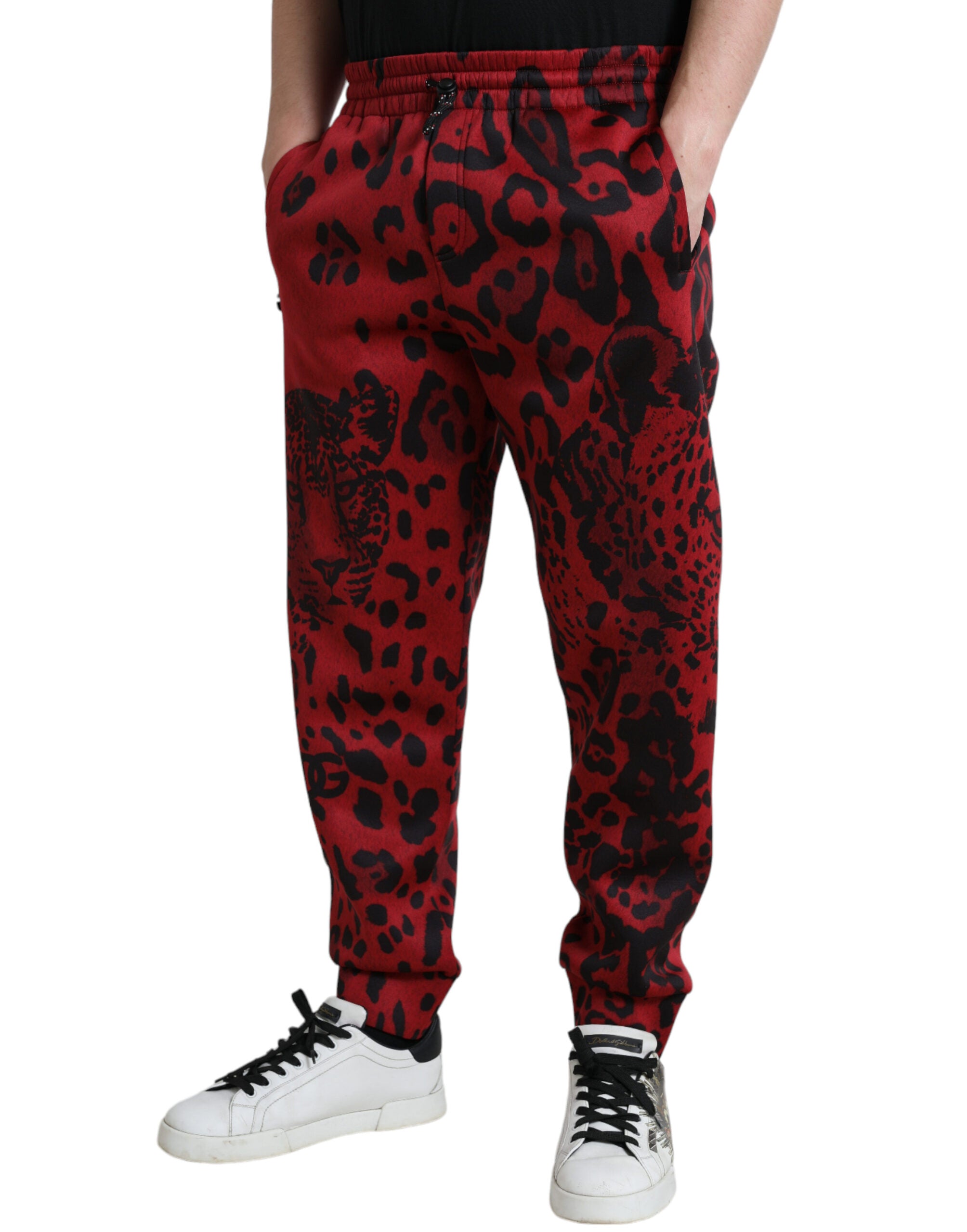 Dolce &amp; Gabbana Elegant Leopard Print Joggers σε κόκκινο και μαύρο