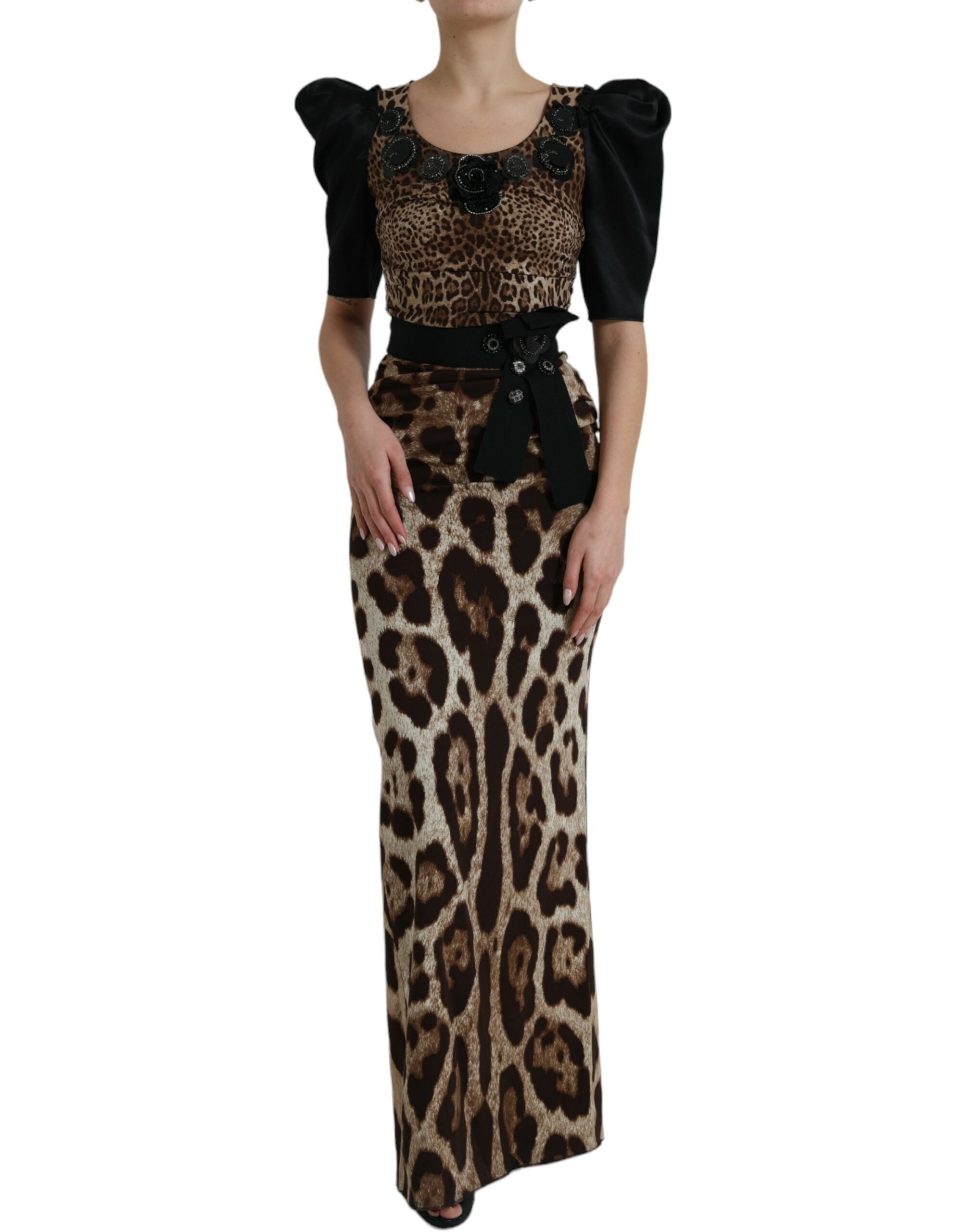 Dolce &amp; Gabbana Silk Leopard Διακοσμημένο Μακρύ Φόρεμα