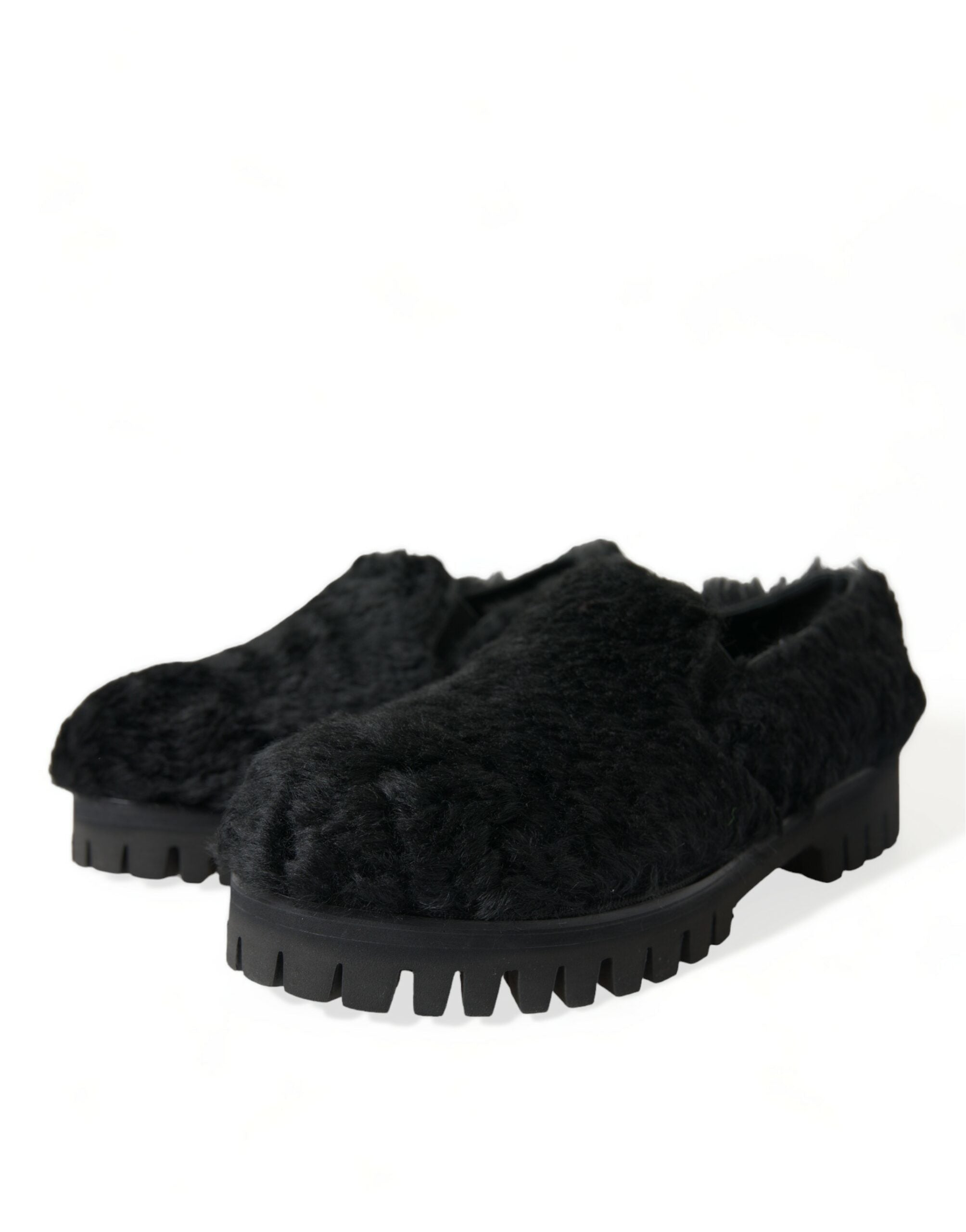 Dolce &amp; Gabbana Elegant Black Fur Slip On Loafers για άνδρες