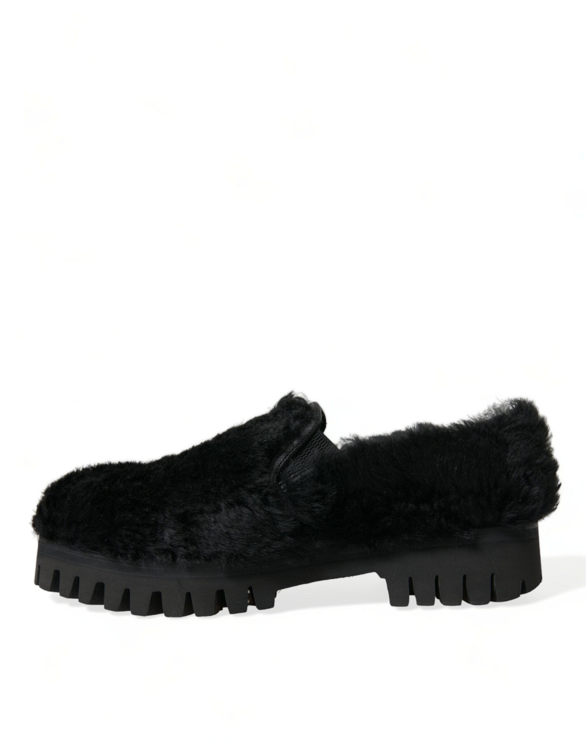 Dolce &amp; Gabbana Elegant Black Fur Slip On Loafers για άνδρες