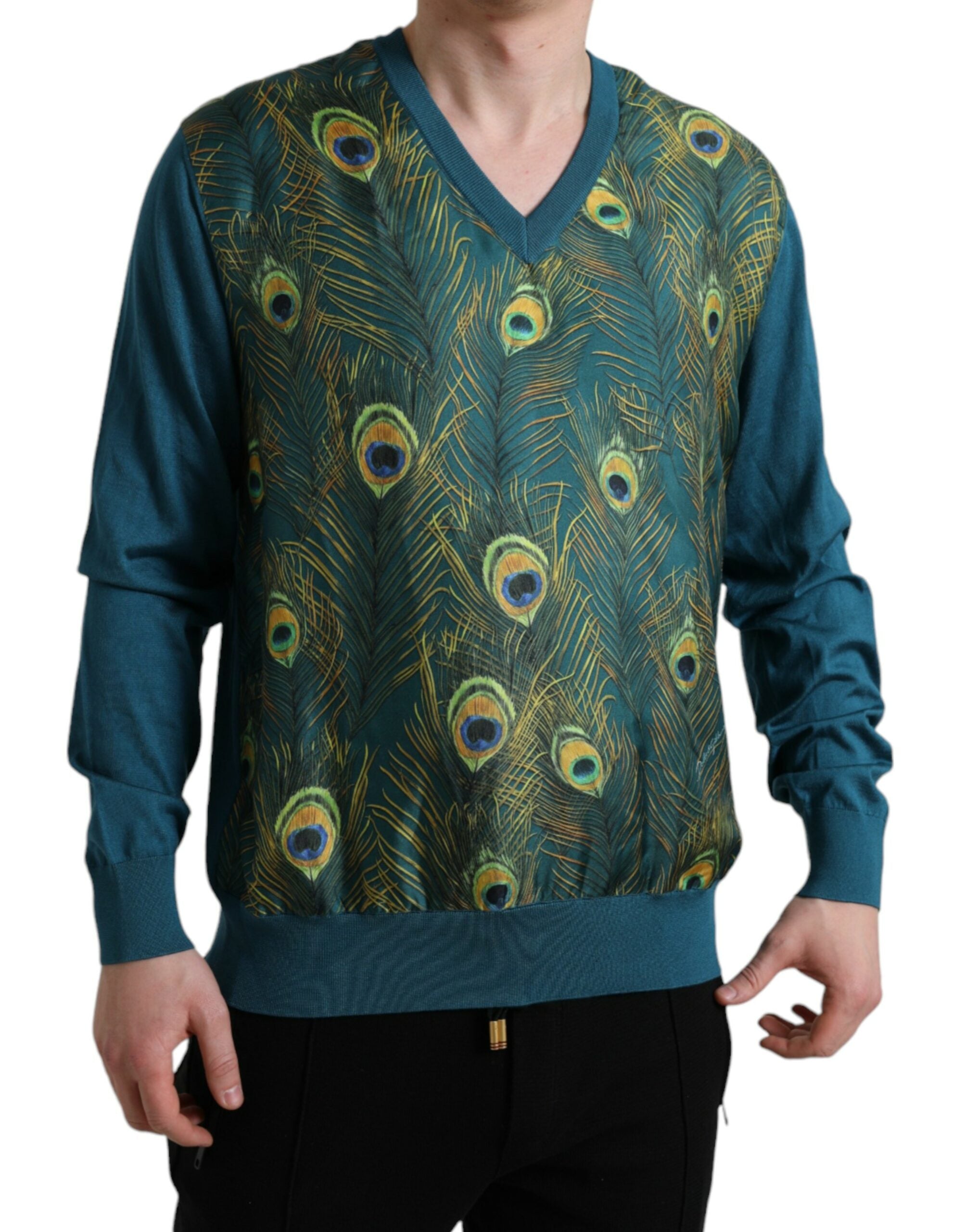 Πουλόβερ Dolce &amp; Gabbana Silk V-Neck Peacock Feather