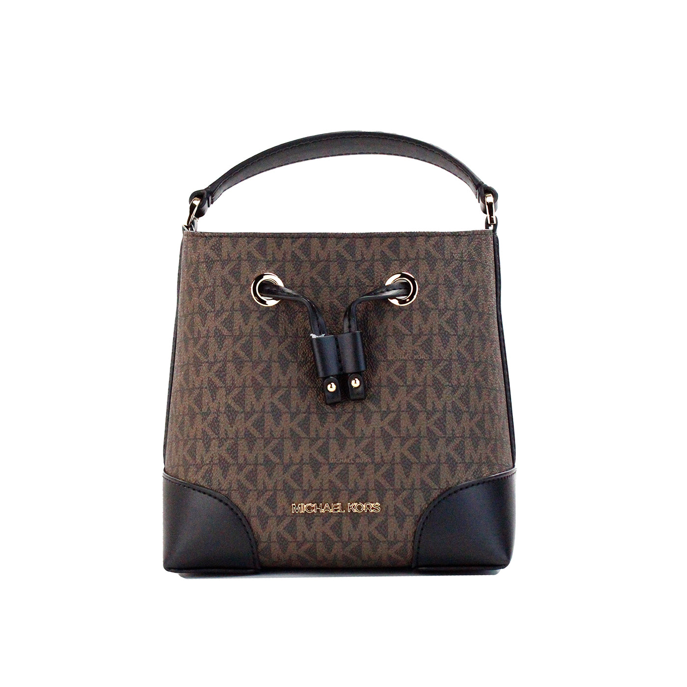 Michael Kors Mercer Small Brown Black Signature Δερμάτινη τσάντα χιαστί με κάδο