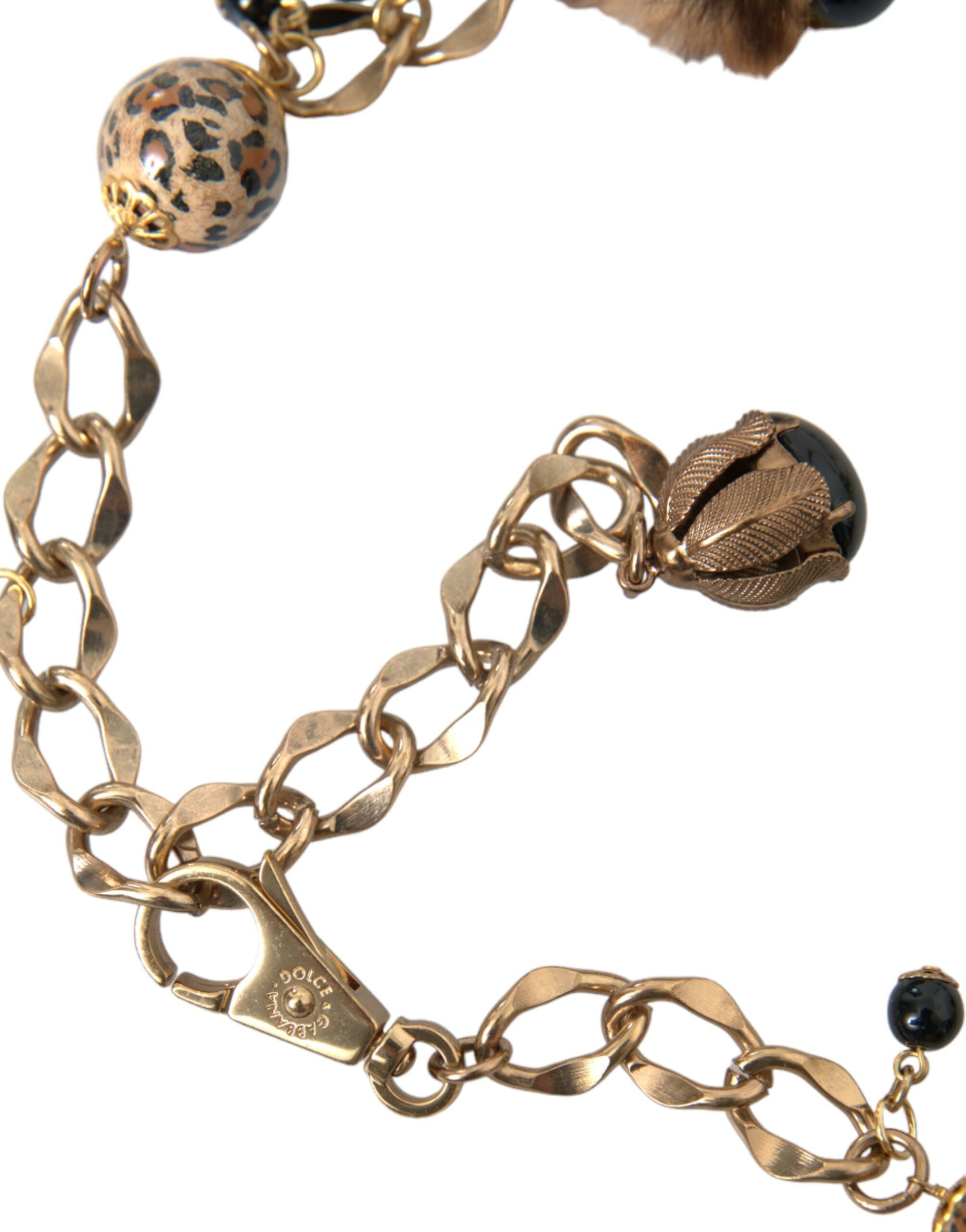 Ζώνη με αλυσίδα Dolce &amp; Gabbana Gold Brass Leopard Fur Pearl Collier