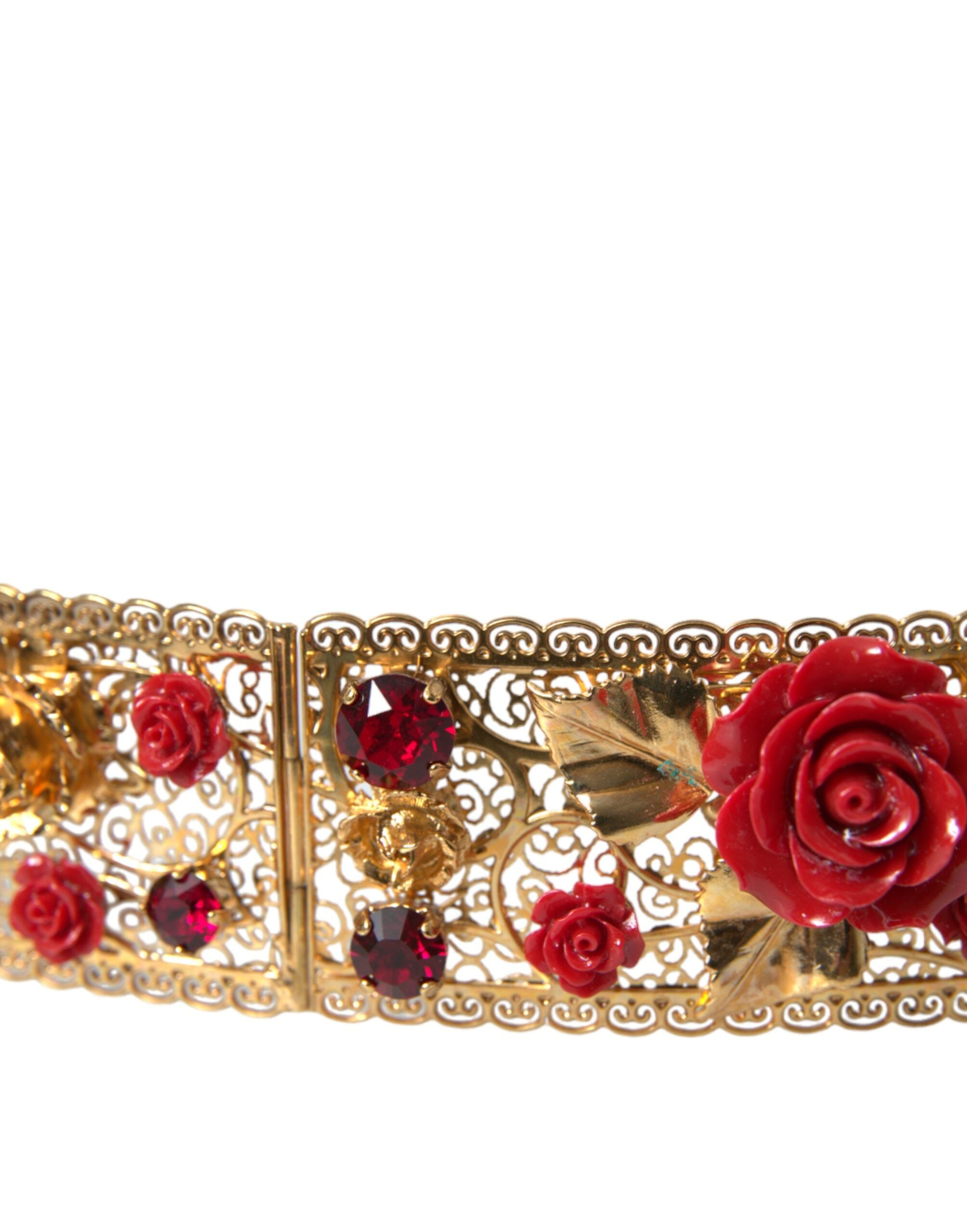 Ζώνη μέσης με κρύσταλλο κόσμημα Dolce &amp; Gabbana Gold Brass Red Roses