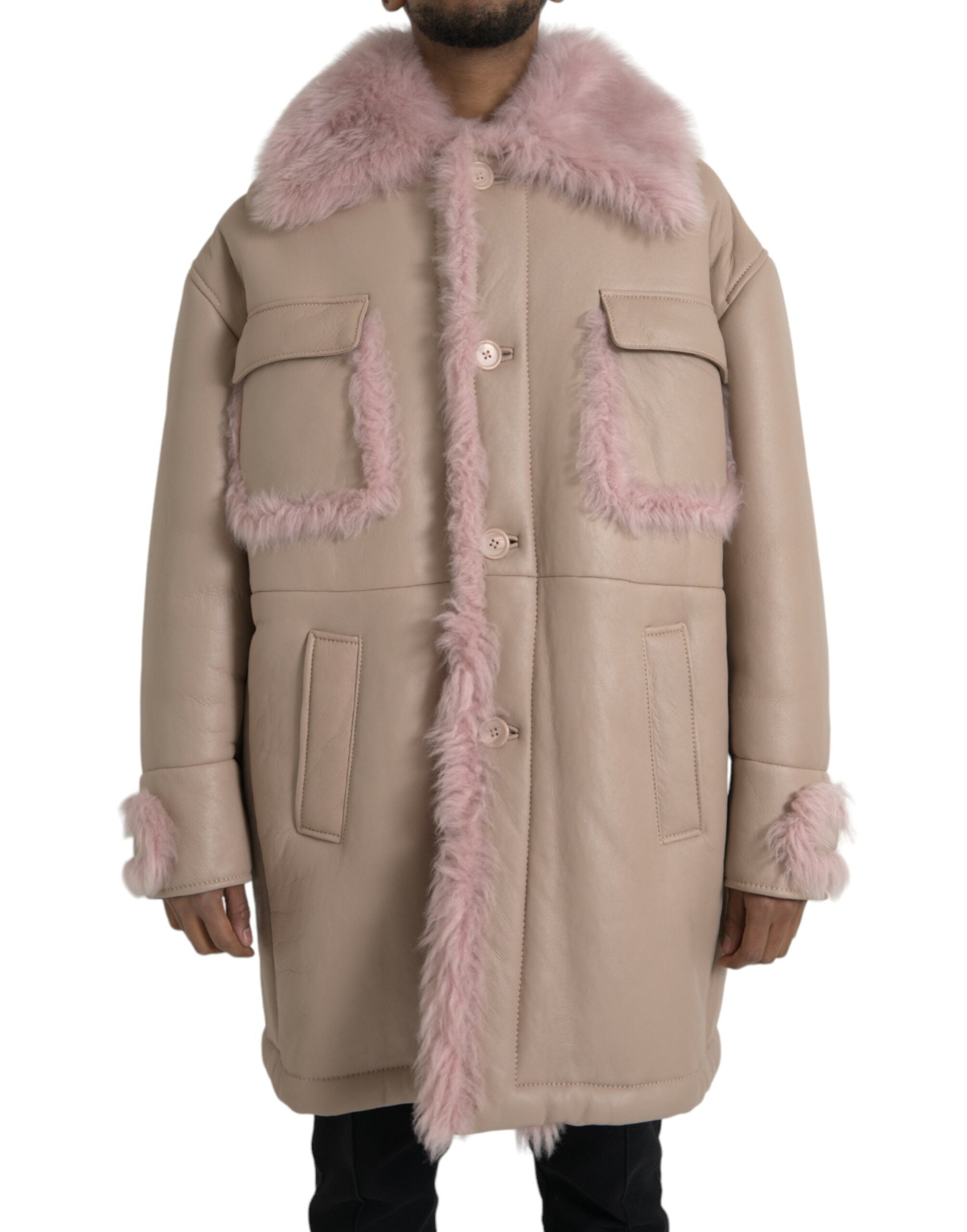 Μπουφάν Dolce &amp; Gabbana Beige Pink Lamb Leather Shearling Jacket