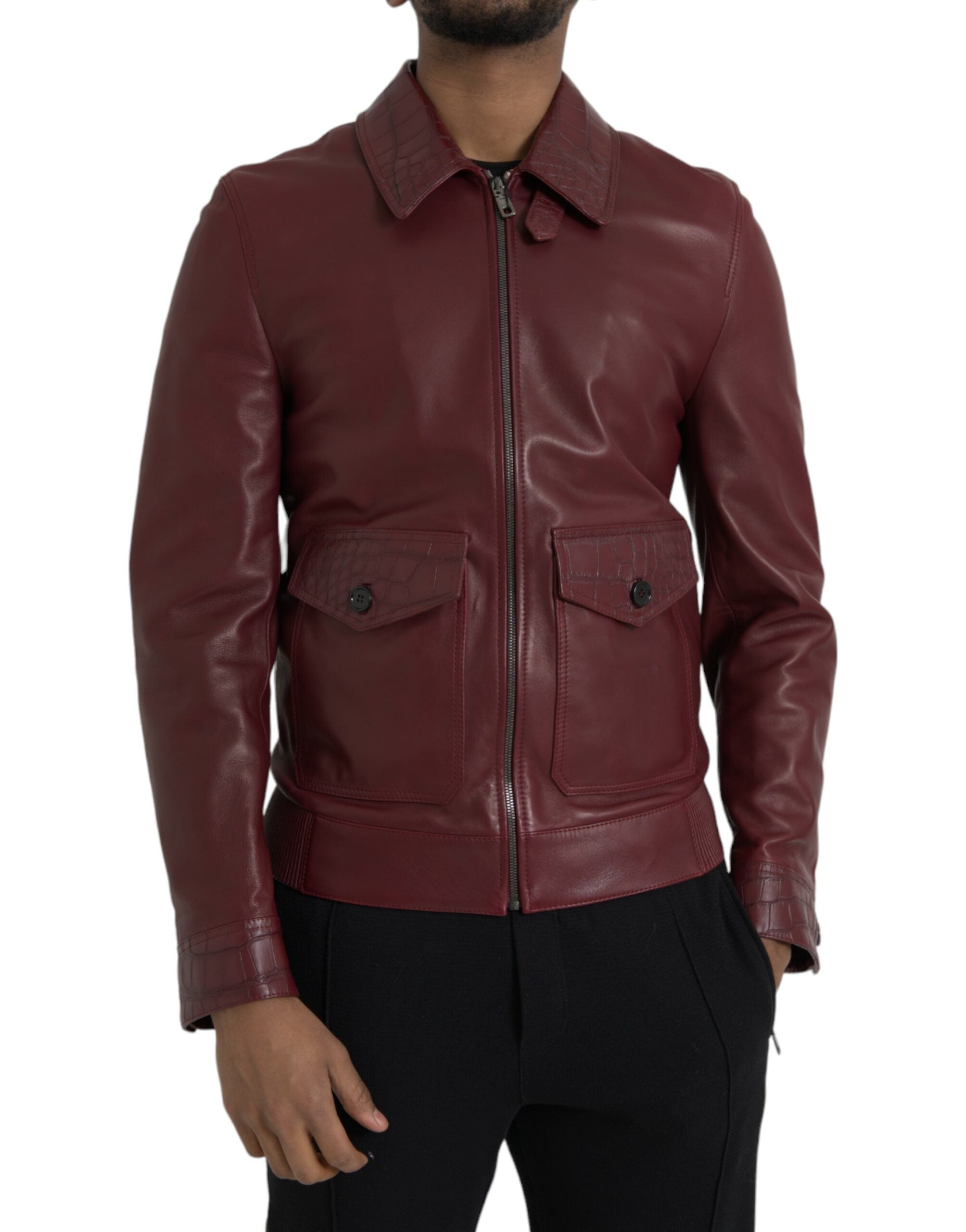 Μπουφάν Biker με φερμουάρ Dolce &amp; Gabbana Maroon Exotic Leather