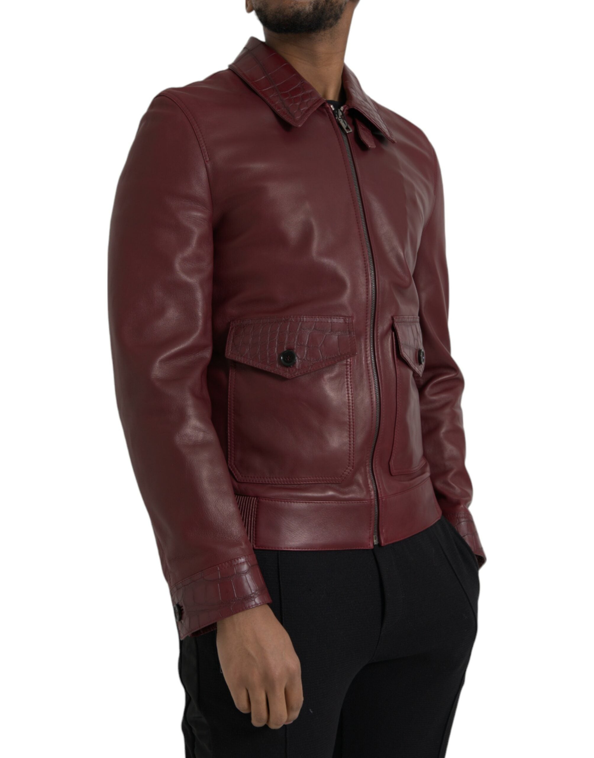 Μπουφάν Biker με φερμουάρ Dolce &amp; Gabbana Maroon Exotic Leather