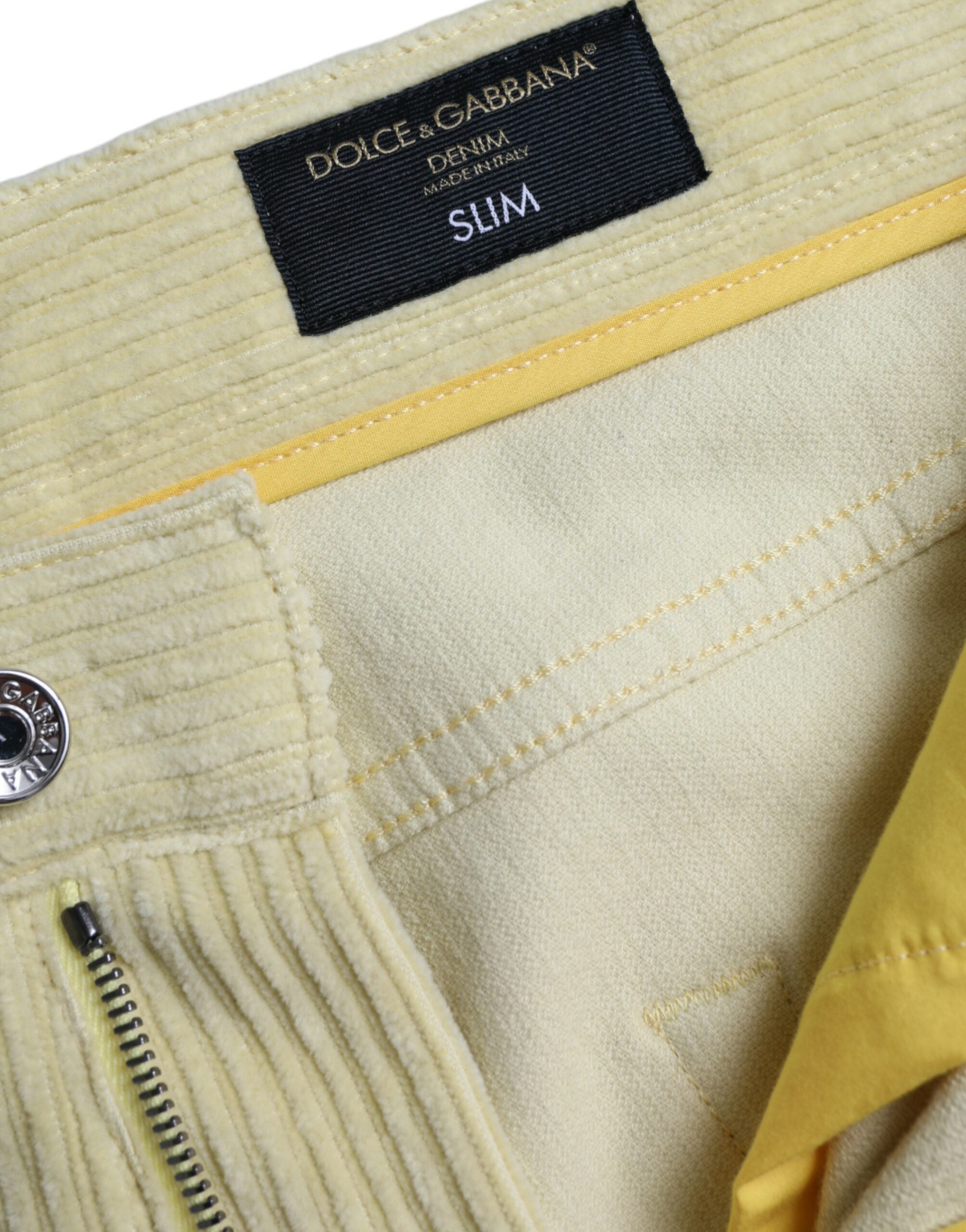 Dolce &amp; Gabbana Yellow Corduroy Logo Plaque Skinny Denim Jeans