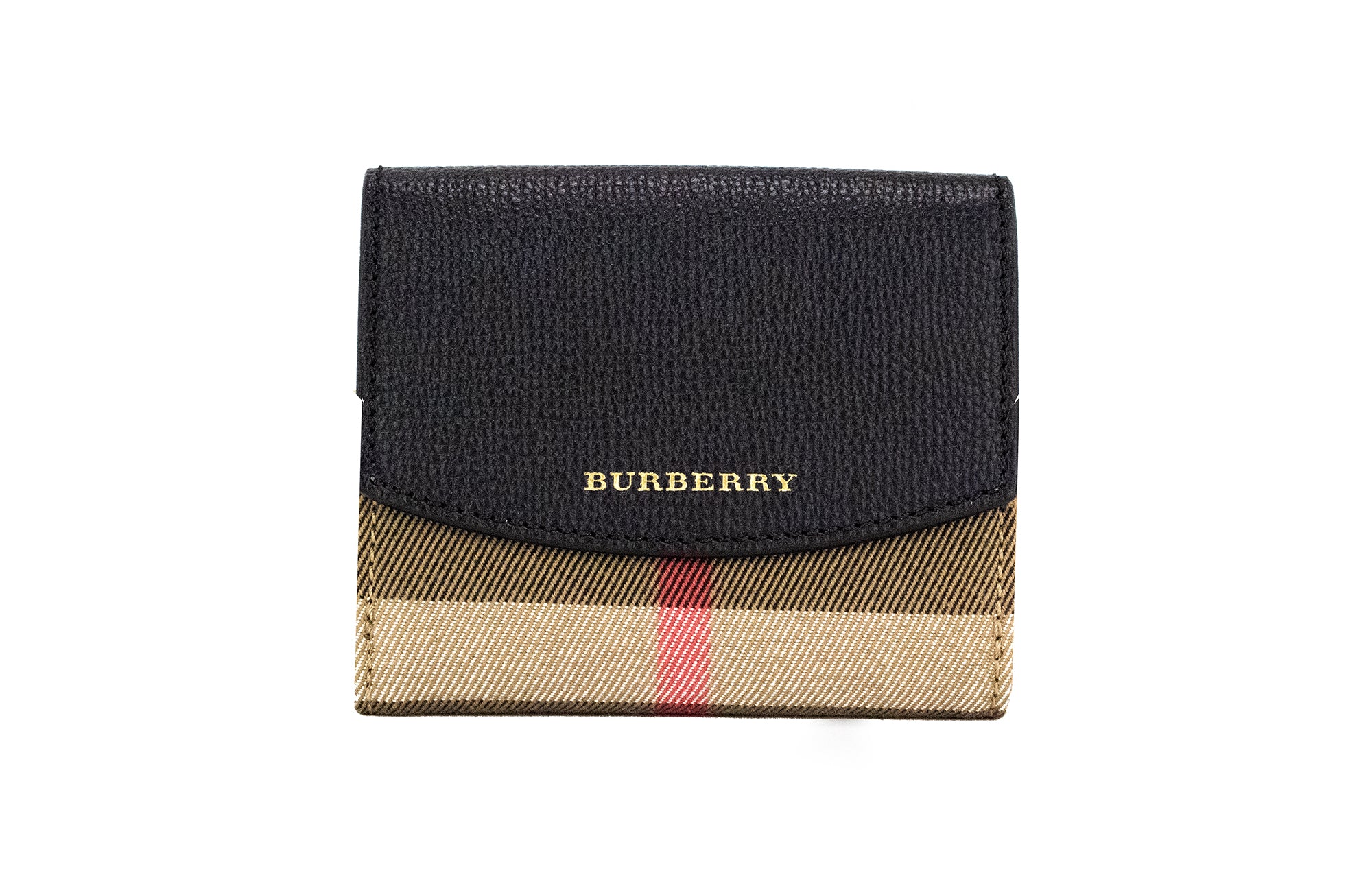 Burberry Luna Black Grained Leather House Check Πορτοφόλι με κουμπωτή θήκη κερμάτων σε καμβά