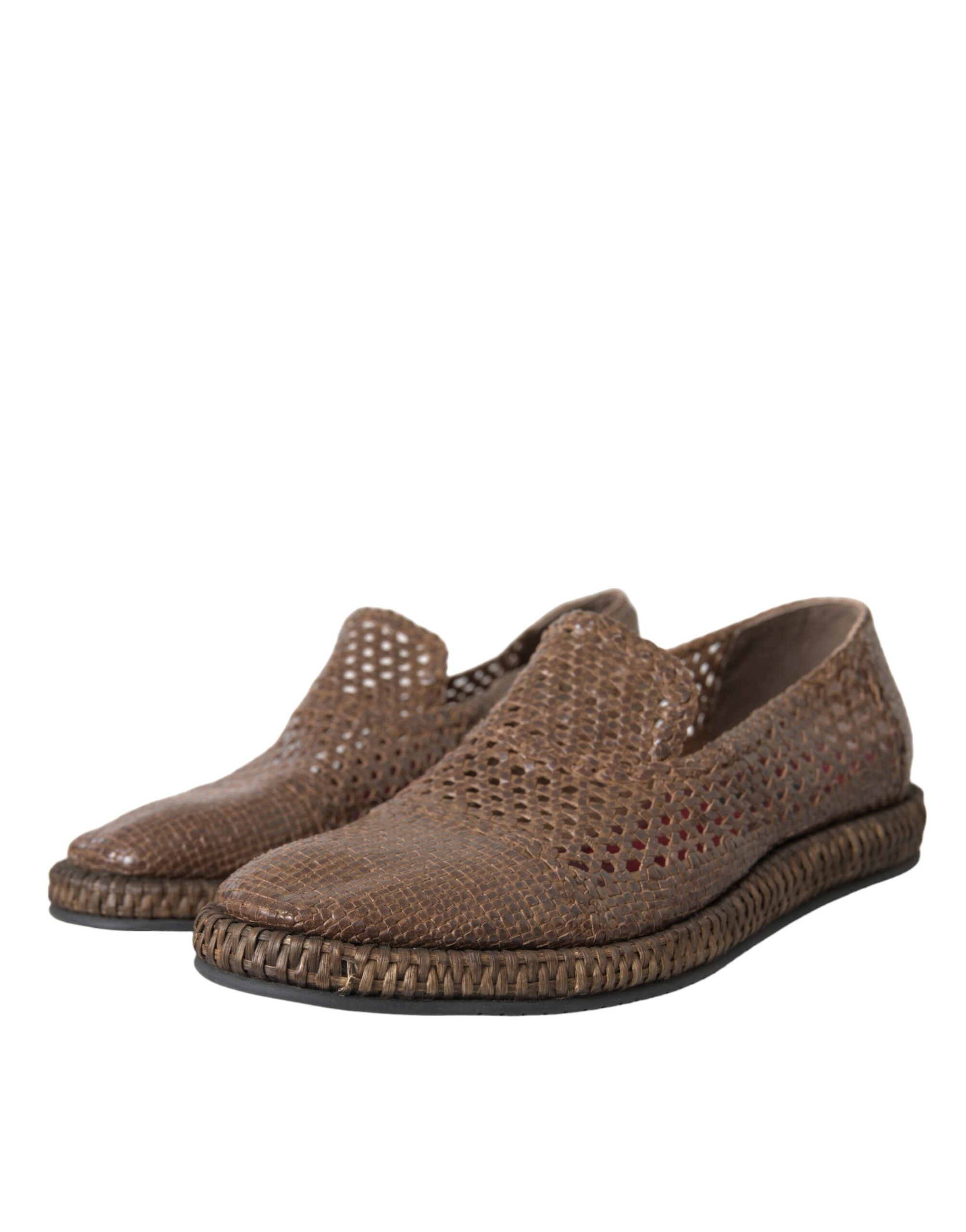 Dolce &amp; Gabbana Brown Woven Leather Loafers Casual Παπούτσια