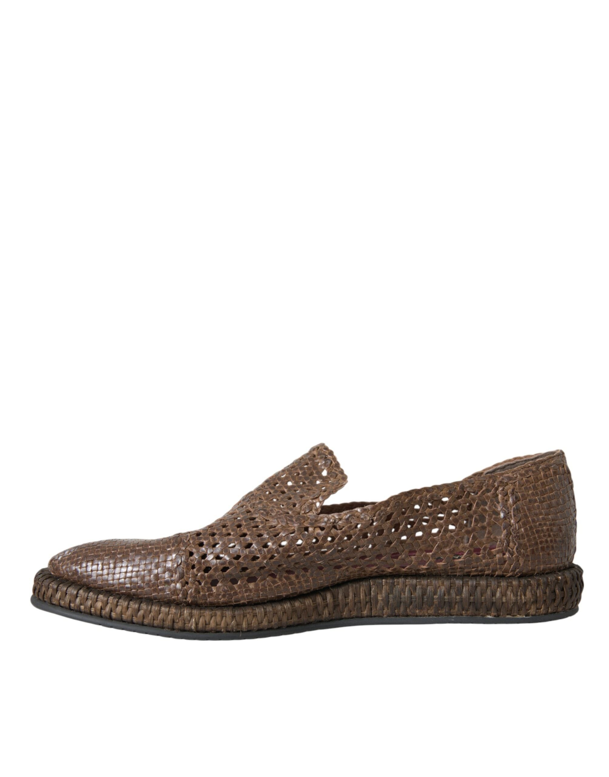 Dolce &amp; Gabbana Brown Woven Leather Loafers Casual Παπούτσια