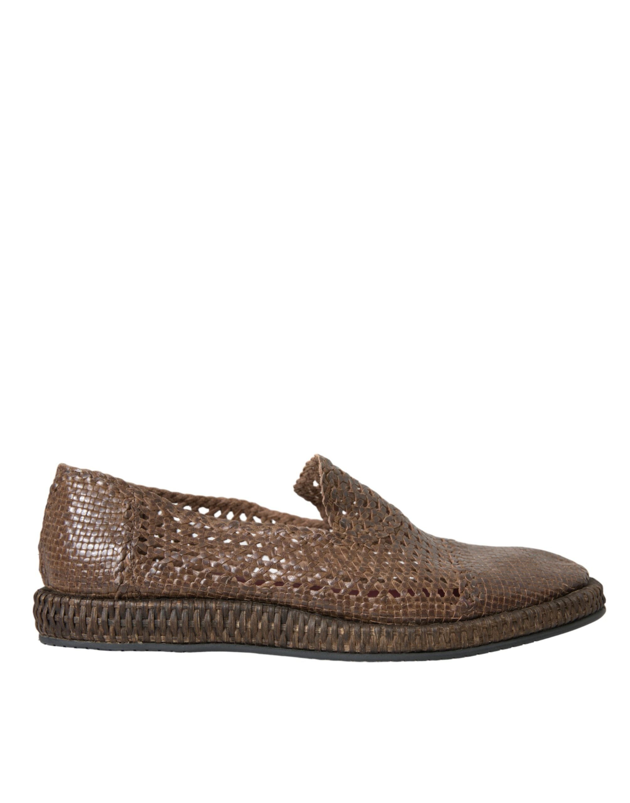 Dolce &amp; Gabbana Brown Woven Leather Loafers Casual Παπούτσια