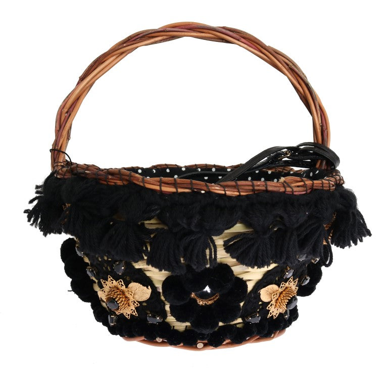 Dolce & Gabbana Chic Beige & Black Straw Snakeskin Bucket Bag