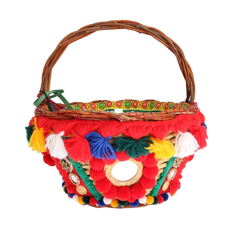 Dolce &amp; Gabbana Κομψό μπεζ άχυρο και εξωτικά δέρματα Pom Pom Tote