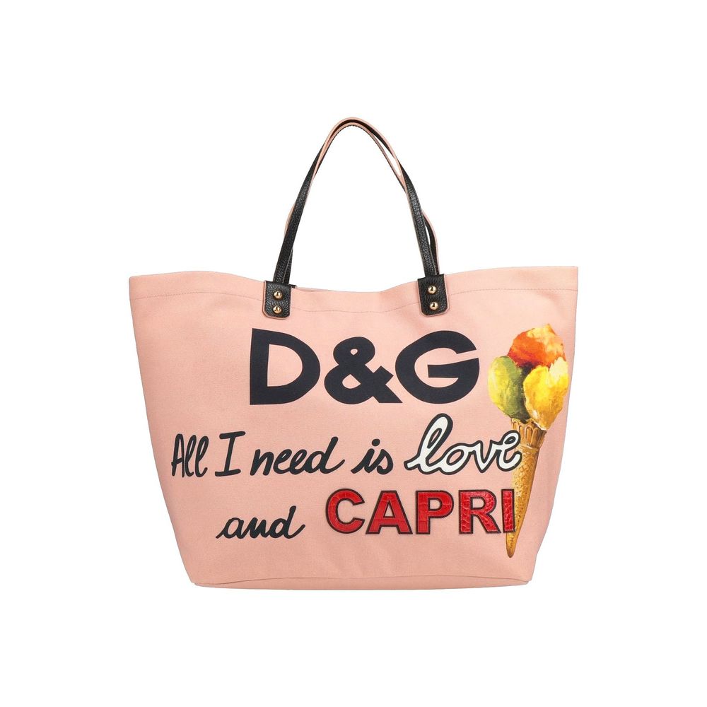 Dolce &amp; Gabbana Elegant Pink Cotton Shopper με τόνους από δέρμα μοσχαριού