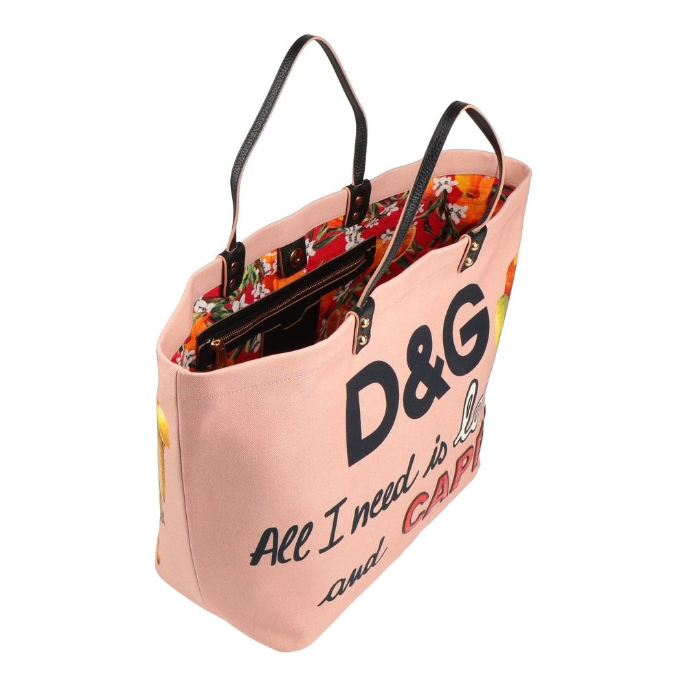 Dolce &amp; Gabbana Elegant Pink Cotton Shopper με τόνους από δέρμα μοσχαριού