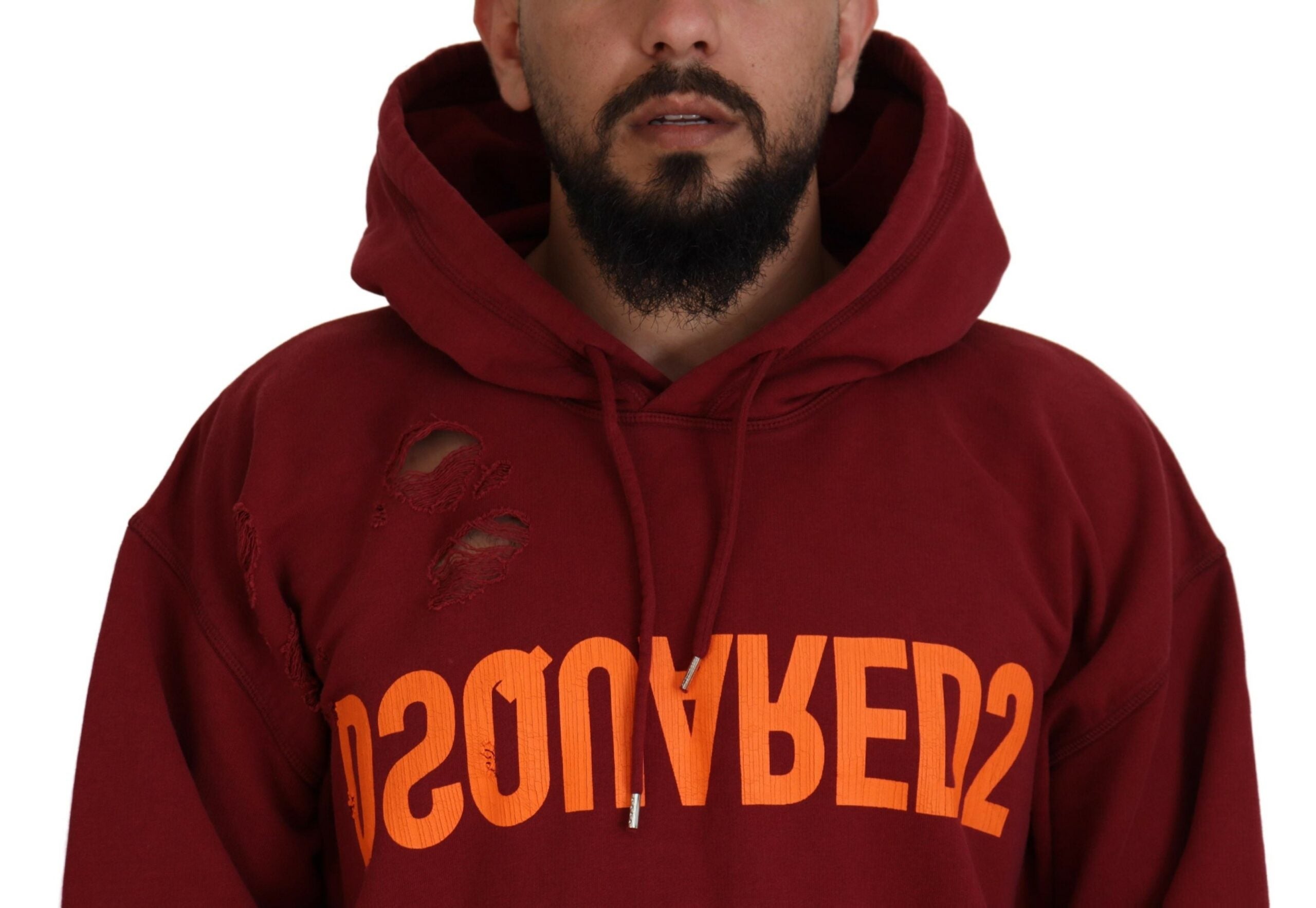 Dsquared² Maroon Cotton Tattered Hooded Printed Pullover Sweater