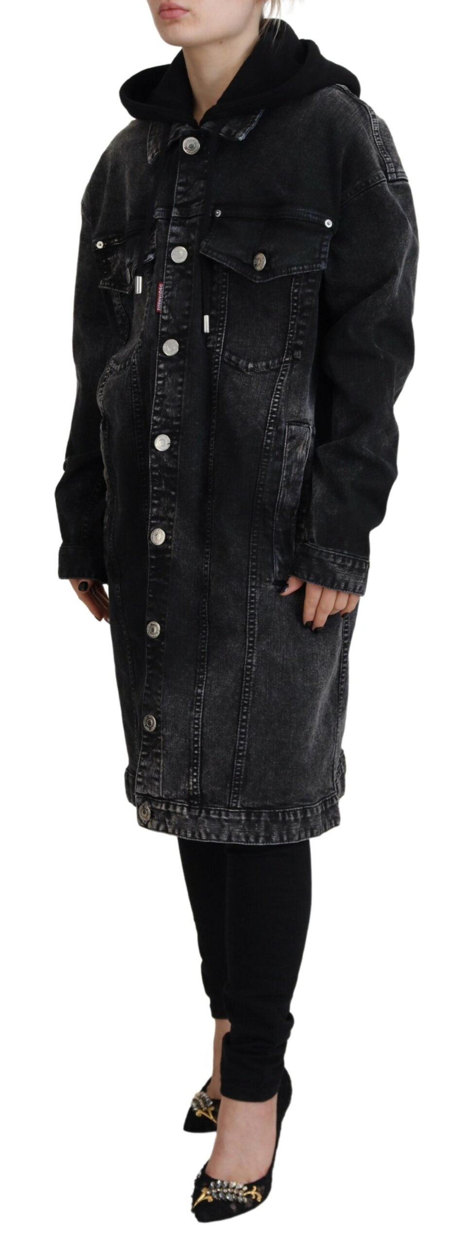 Dsquared² Black Washed Hooded Women Long Denim Blazer Jacket