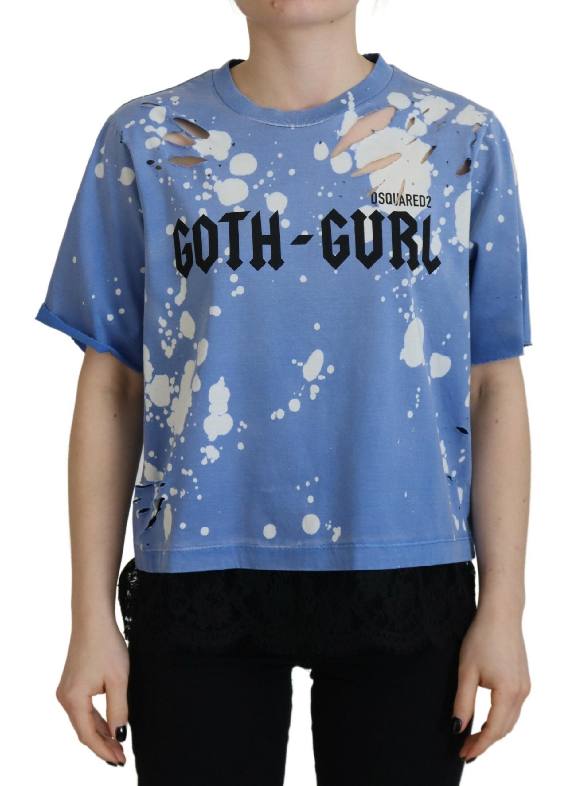 T-shirt Dsquared² Μπλε Goth Gurl Print Μαύρη δαντέλα από βαμβακερό μπλουζάκι