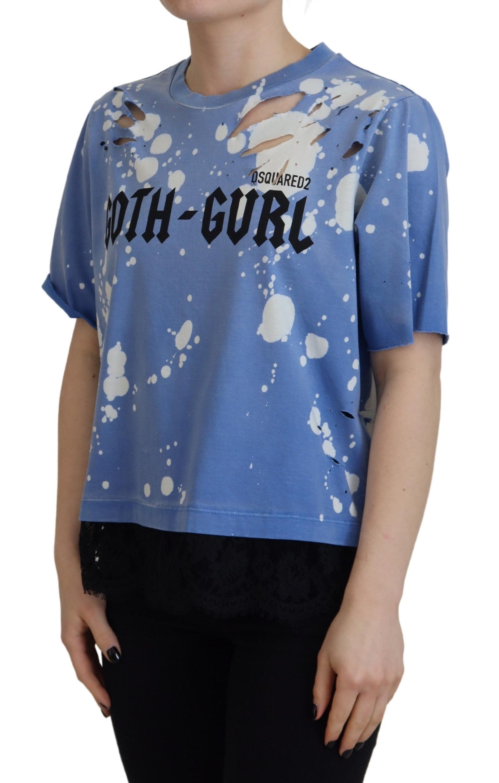 T-shirt Dsquared² Μπλε Goth Gurl Print Μαύρη δαντέλα από βαμβακερό μπλουζάκι