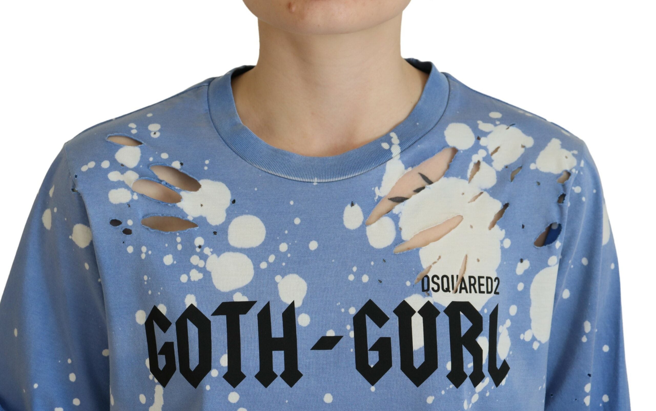 T-shirt Dsquared² Μπλε Goth Gurl Print Μαύρη δαντέλα από βαμβακερό μπλουζάκι